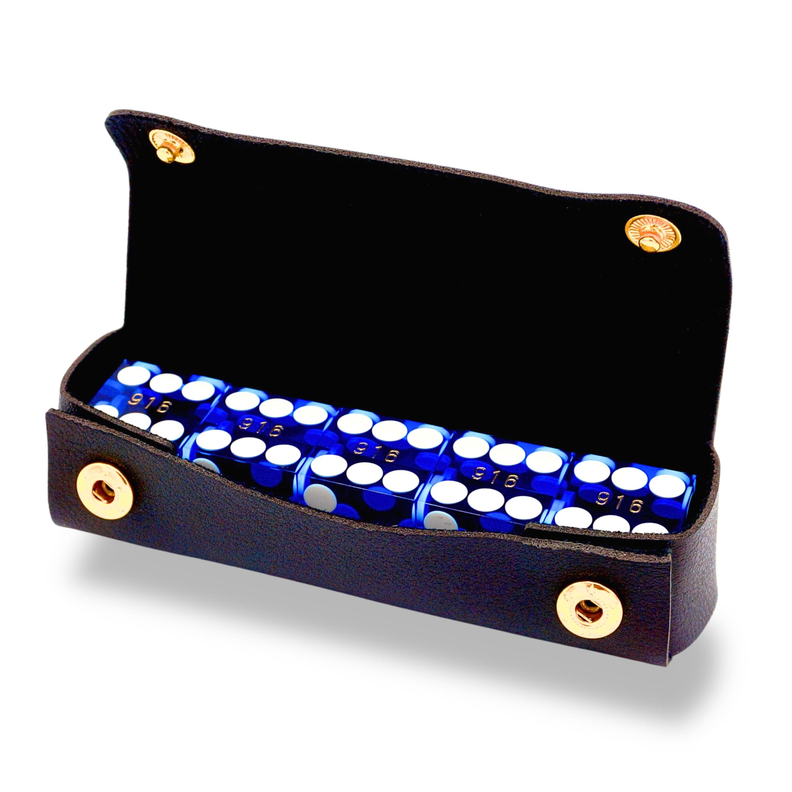 Luck Lab Grade AAA 19mm Casino Dice with Razor Edges and Matching Serial Numbers Set of 5 and Leather Dice Case, Blue