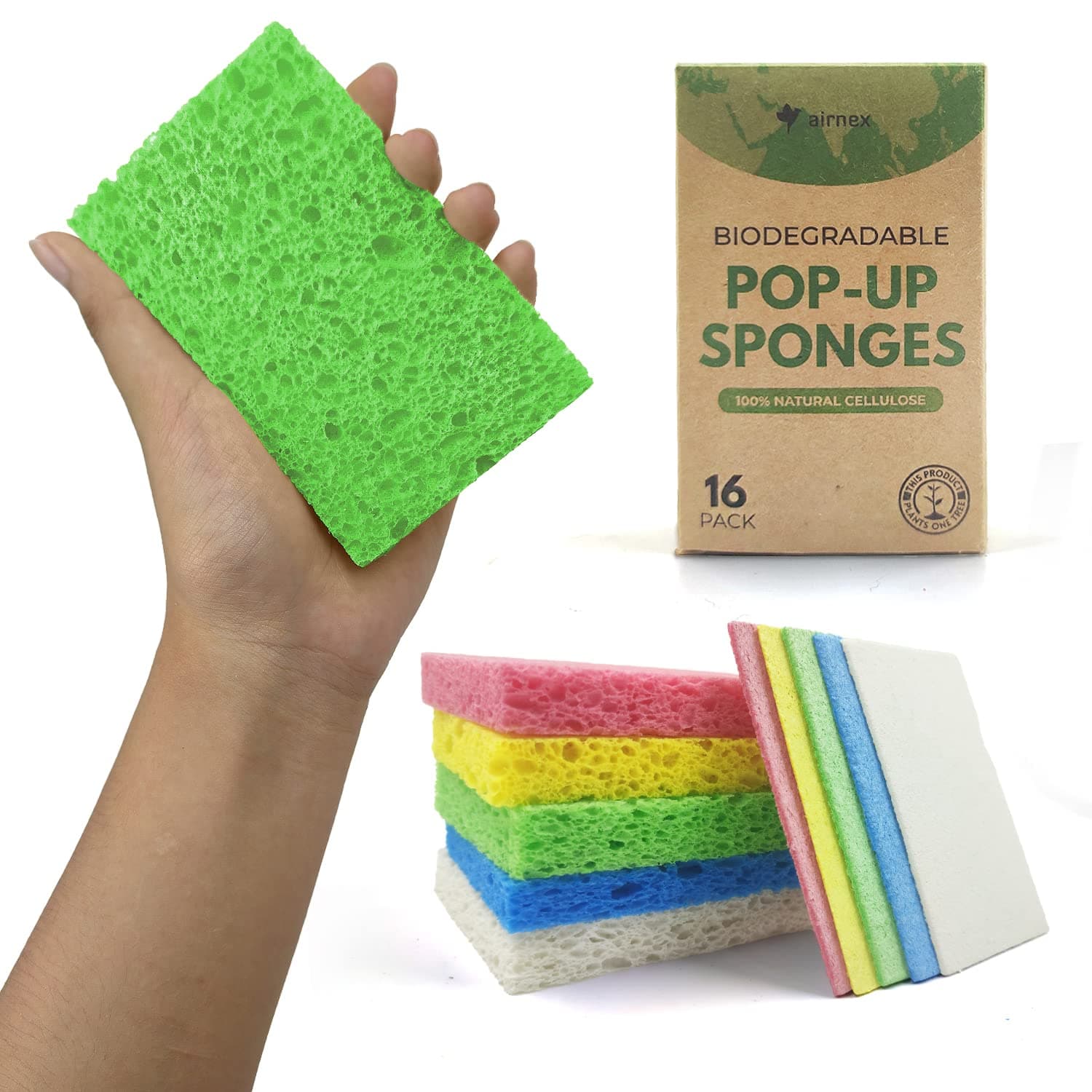 Biodegradable Cellulose Compressed Sponges - Pack of 16 Kitchen Sponges for Cleaning - Heavy Duty and Natural Multipurpose Household Cleaning Sponges Good for Kitchen, Bathroom, and Surfaces