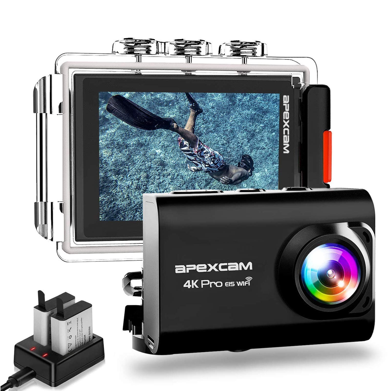 Apexcam M80 Pro EIS Action Camera 4K 20MP WiFi Sports Camera Underwater 40M Waterproof Camera External Mic 2.4G Remote Control 170°Wide-Angle 2 Rechargeable Batteries and Accessories Kit