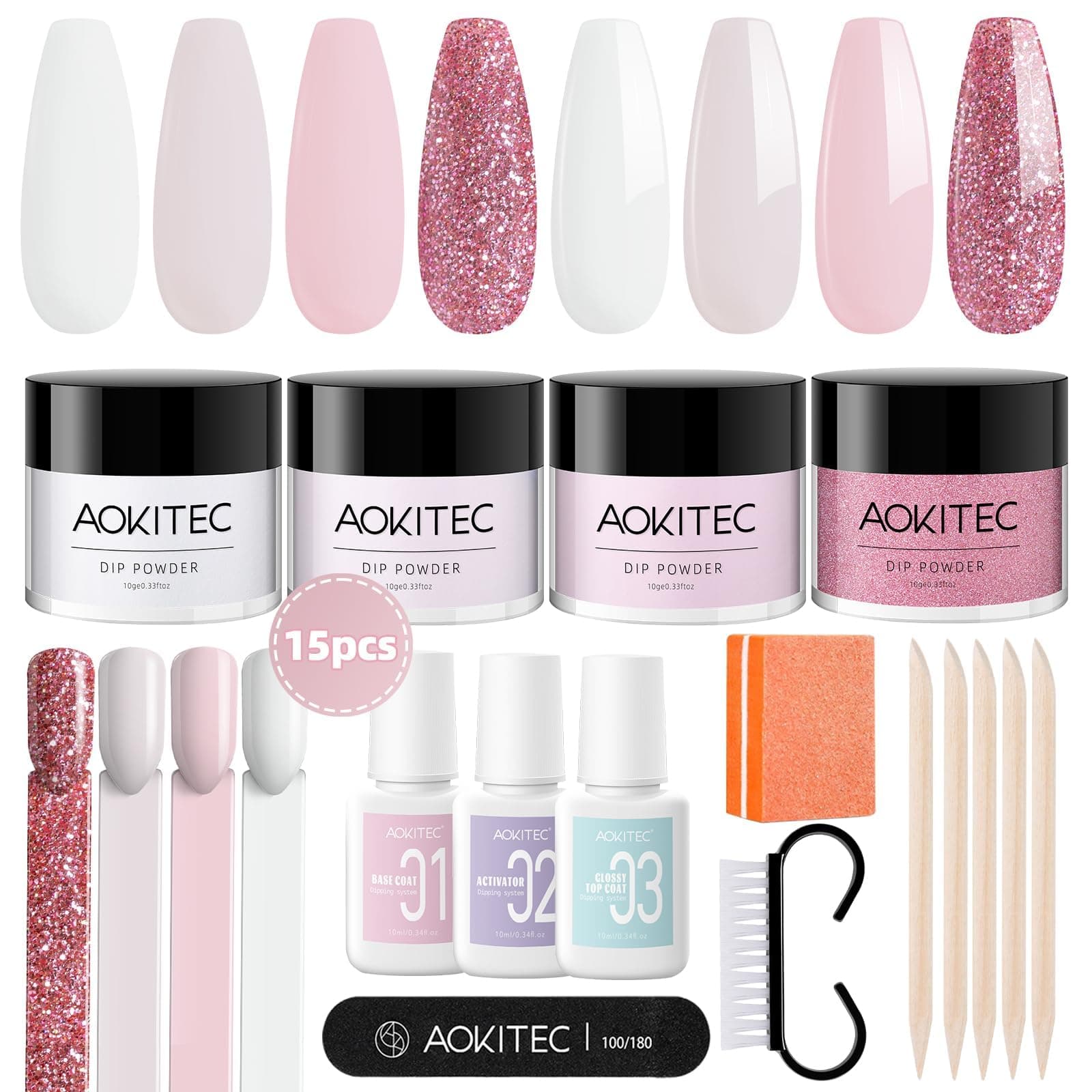 Aokitec4 colours Dip Powder Nail Kit, White Pink Glitter Nail Dipping Powder Kit with Dip Liquid Base Nail Tools for Nail Art Manicure Starter, No Nail Lamp Needed Nail Kit Gift for Women and Girls