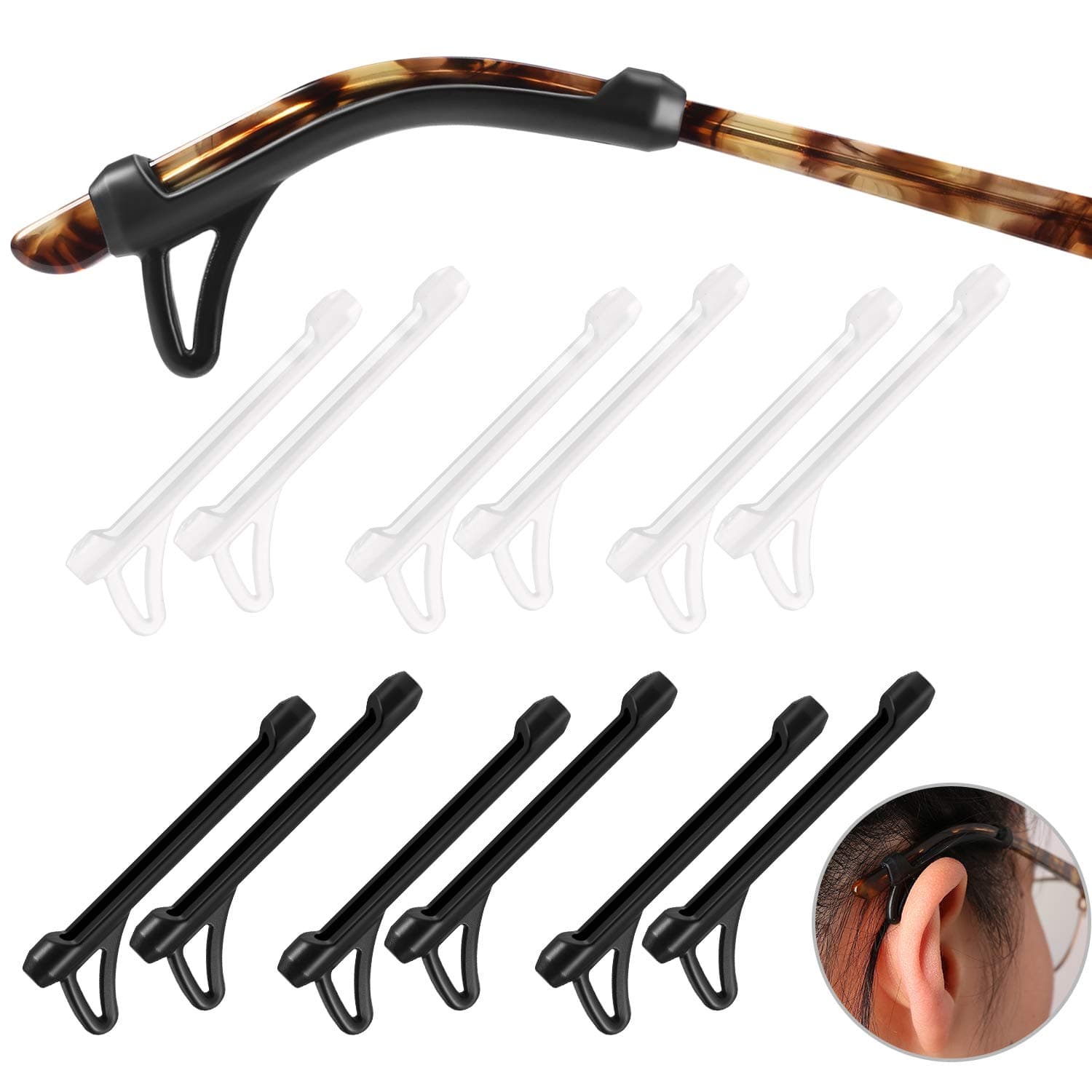 Eyeglasses Ear Grips Sleeve-Upgrade anti-slip Silicone Eyeglasses Temple Tips Sleeve Retainer-Sleeve with Hook design-Soft and comfort Glasses Ear hooks 6Pairs (WHITE+BLACK)