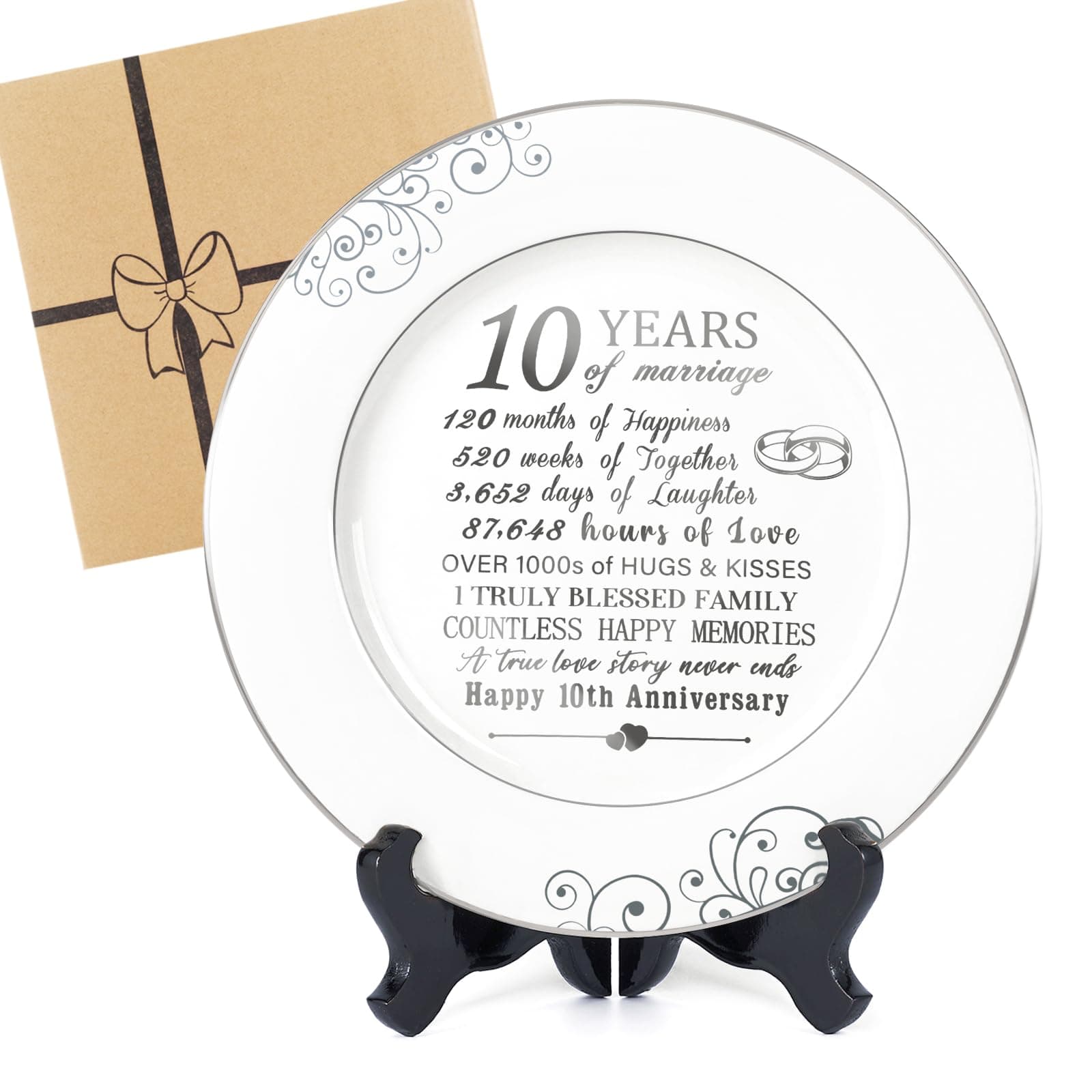 Urllinz 10th Anniversary Plate with Platinum Foil Decorations - 10 Year Wedding Tin Gifts for Her Couples Wife Him Husband, Ceramic 9"