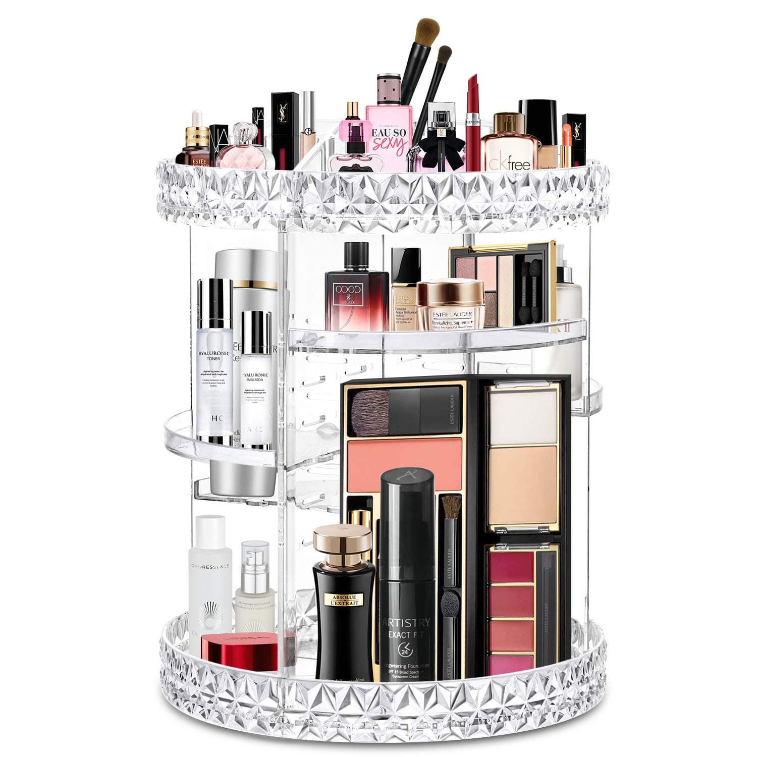 WILLED Acrylic Makeup Organizer 360 Rotating Adjustable Carousel Makeup Holder Cosmetic Storage Display Case, Fits Creams, Makeup Brushes, Lipsticks, Jewelry (Diamond Design)