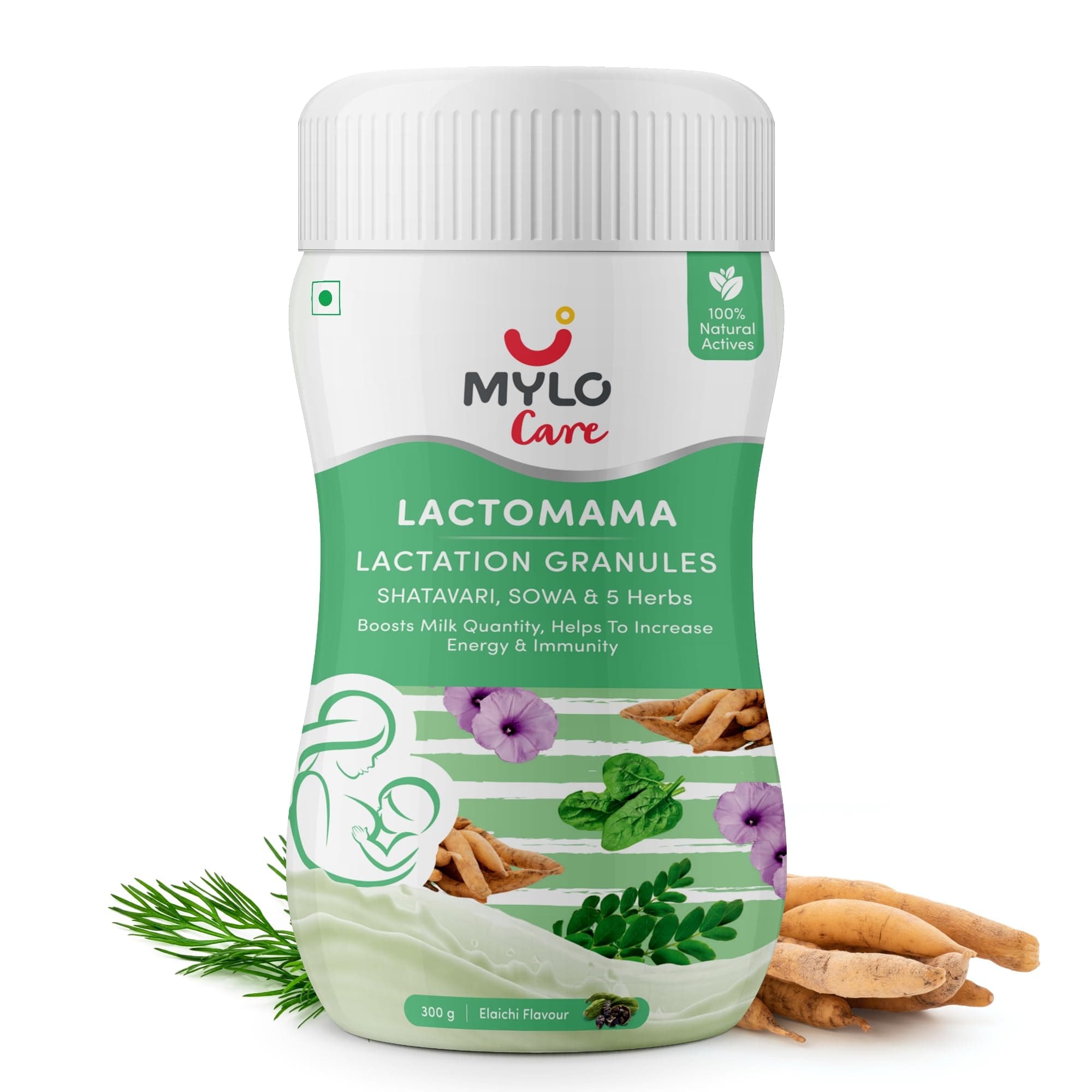 Mylo Lactomama Granules – Lactation Supplement for breastfeeding with Shatavari to Increase Breast Milk (Elaichi Flavour - 300 g ) | With Herbs like Moringa, Sowa & 5 Others | 2 Scoops per Serving (Pack of 1, Elaichi)