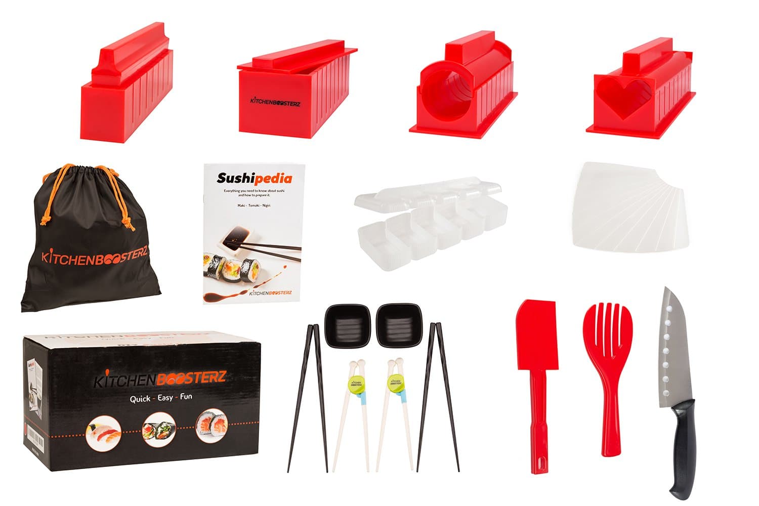 Sushi Making Kit - 17 Piece Beginner Set - 10 Shape Moulds, Knife, Spatula, Fork, Chopsticks, Sauce Dishes & Sushi Maker Guide Book - Red - by KitchenBoosterz