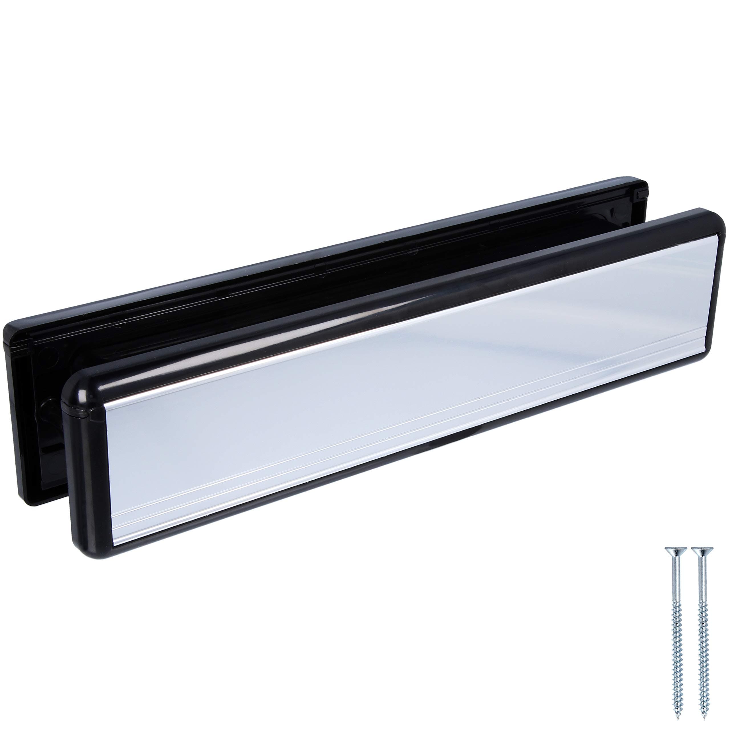 Yale 12" Chrome with Black Trim Weatherproof Letterbox Plate with Draught Excluder Brush & Sprung Flaps Universal UPVC Front Door Post Box
