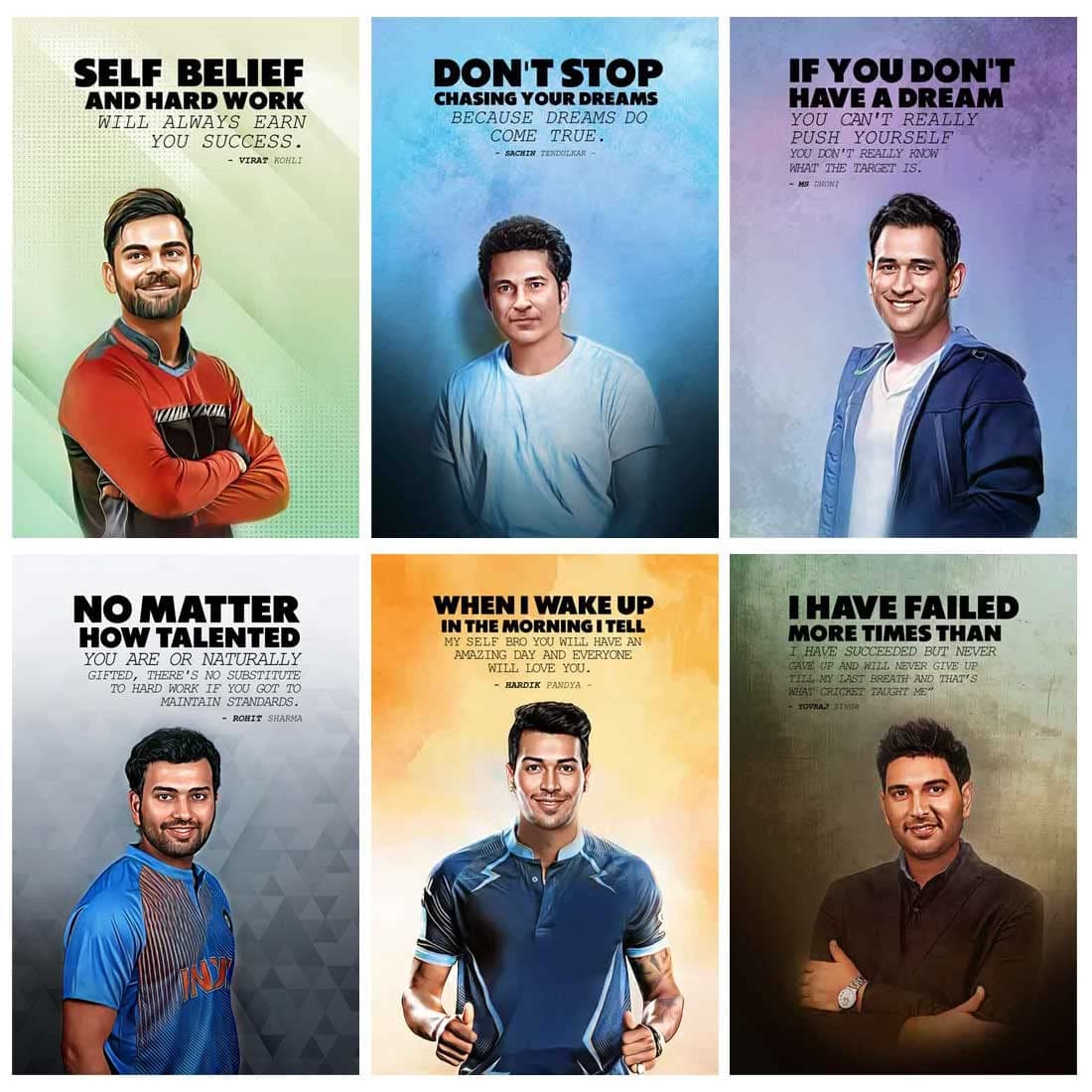 Cricket Motivational and Inspirational Quotes Posters (Virat, MS Dhoni, Sachin, Rohit Sharma, Hardik, Youraj, for Office, Home and gym,(Sports Posters, 12X18, each), Pack of 06 (Vinyl (Self Adhesive))