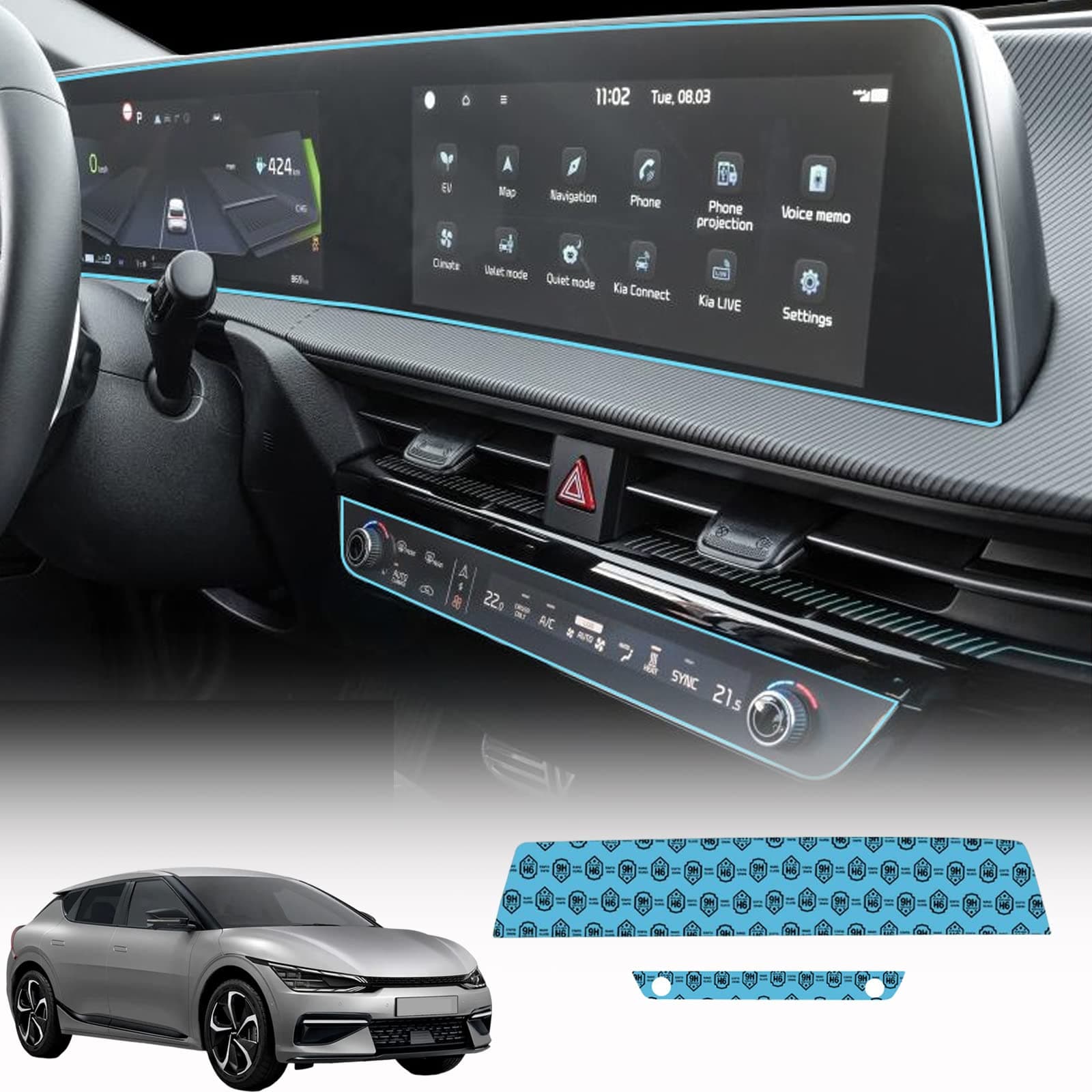 Navigation LCD Screen and Car Cluster Screen Protector fit for KIA EV6 Touch Screen 2022 2023, with Climate Control Screen Protector Anti-Scratch Plastic Film, Packs of 2