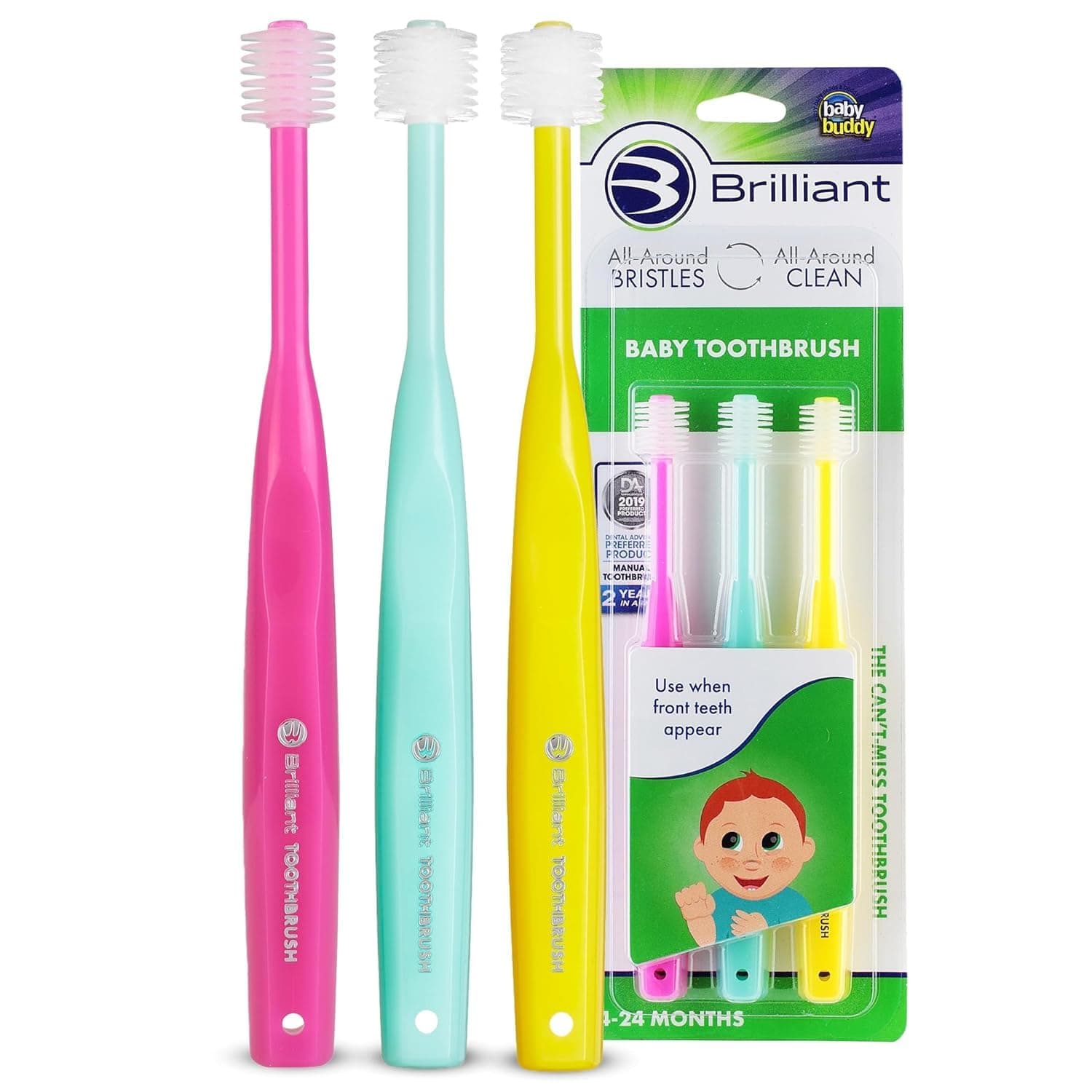 Baby Toothbrush Oral Care, Babys First Toothbrush, Round Brush Head, Soft Bristles Clean All-Around Mouth, for Babies 4 Months Old - Toddlers 2 Years Old, Pink, Green, Yellow, 3 Count