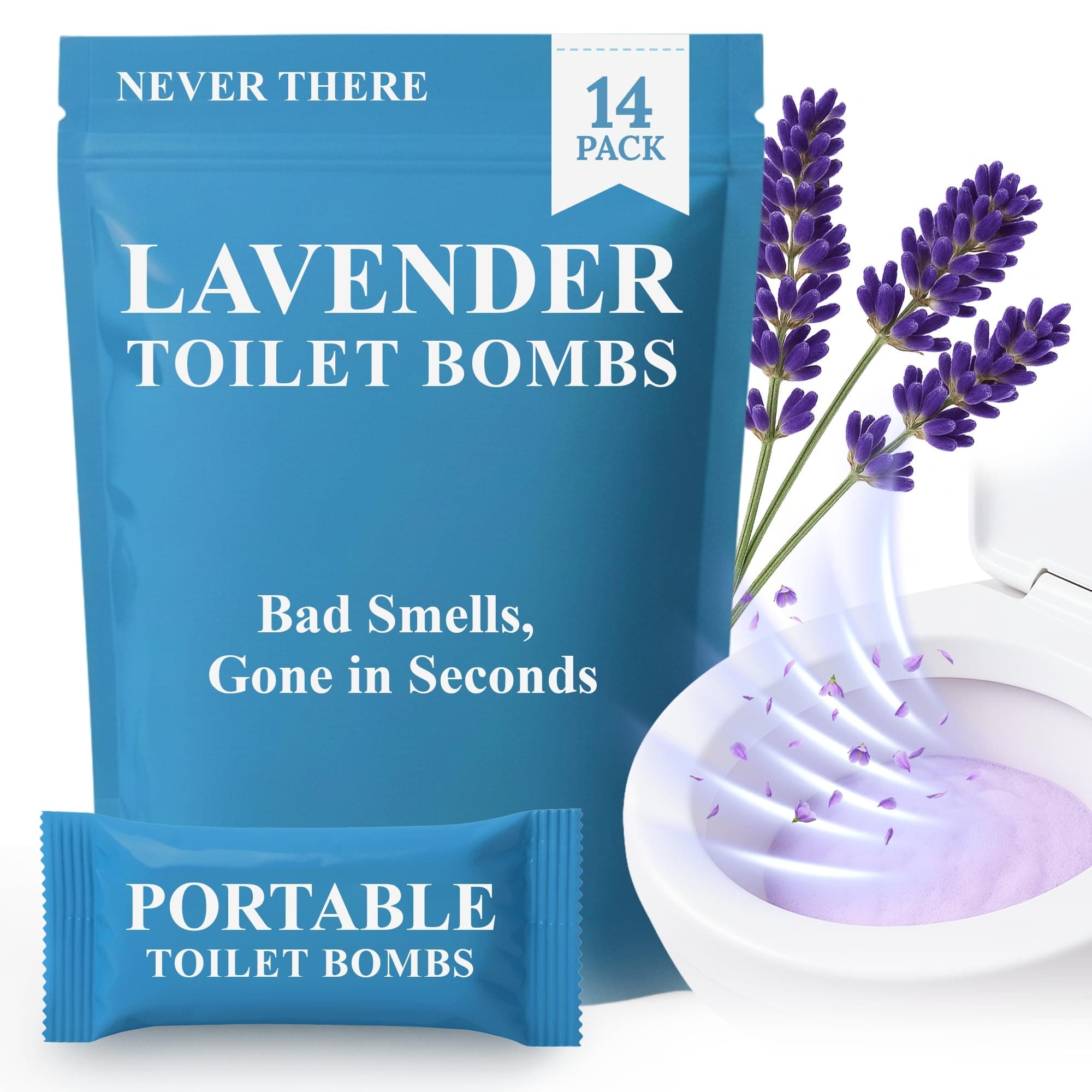Never There Toilet Foam Bombs Sachets - 14 Pack Touch Free Fizzy Foam Toilet Cleaner with No Smells, Sounds, or Stains - Never There Toilet Sachets & Smell Eliminator for Women & Men