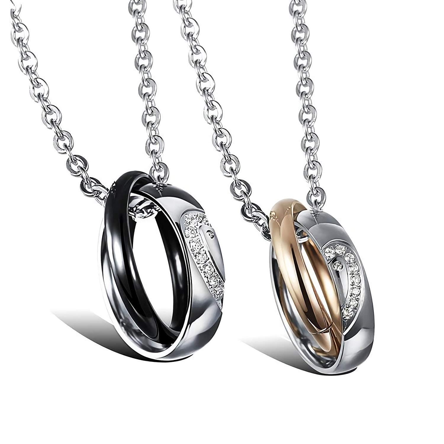 Sweheart Stainless Steel His & Hers Rings Heart Couple Necklace CZ Love Matching Heart Pendants (A Pair)