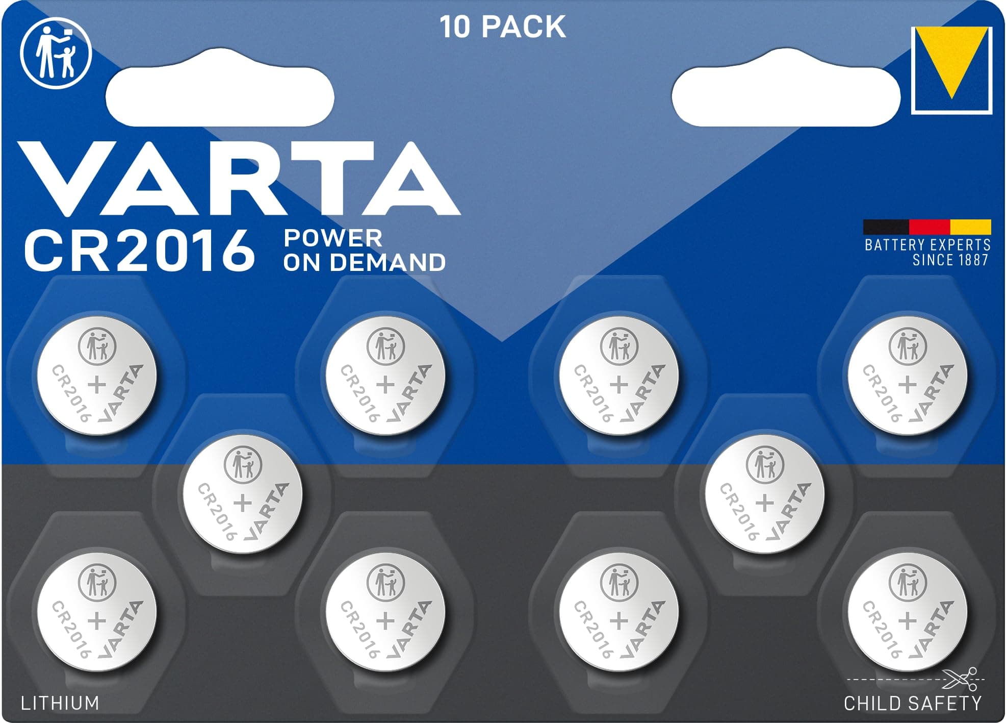 Power on Demand CR2016 Lithium Button Cell 3 V – Pack of 10 – Smart, Flexible and Powerful for Mobile End Consumers – e.g. for Various Smart Applications and Car Locks