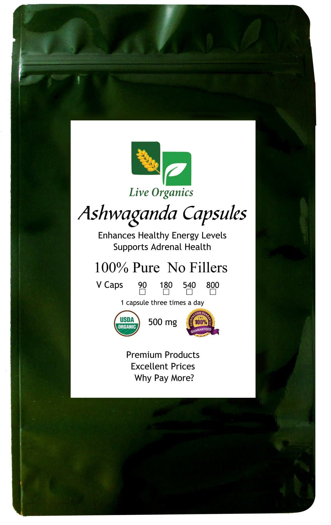 Live Organics Ashwagandha Capsules 500 mg 90 to 800 ct - Certified USDA Organic (90 ct)