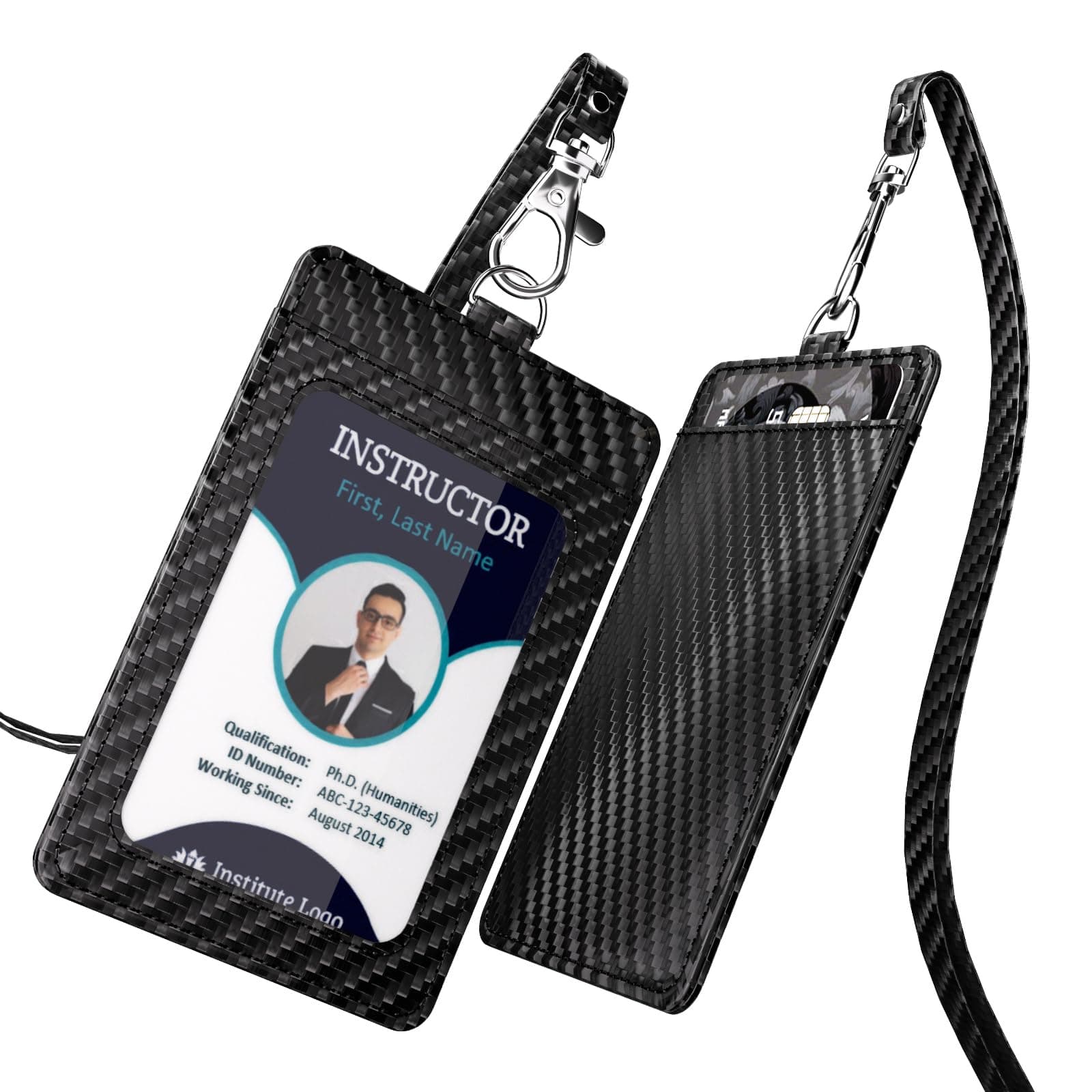 Carbon Fiber ID Badge Holder with Lanyard for Work - Stylish and Durable Badge Holder with Double Card Capacity, Clear Window Display, and Back Pocket for Privacy (Black)