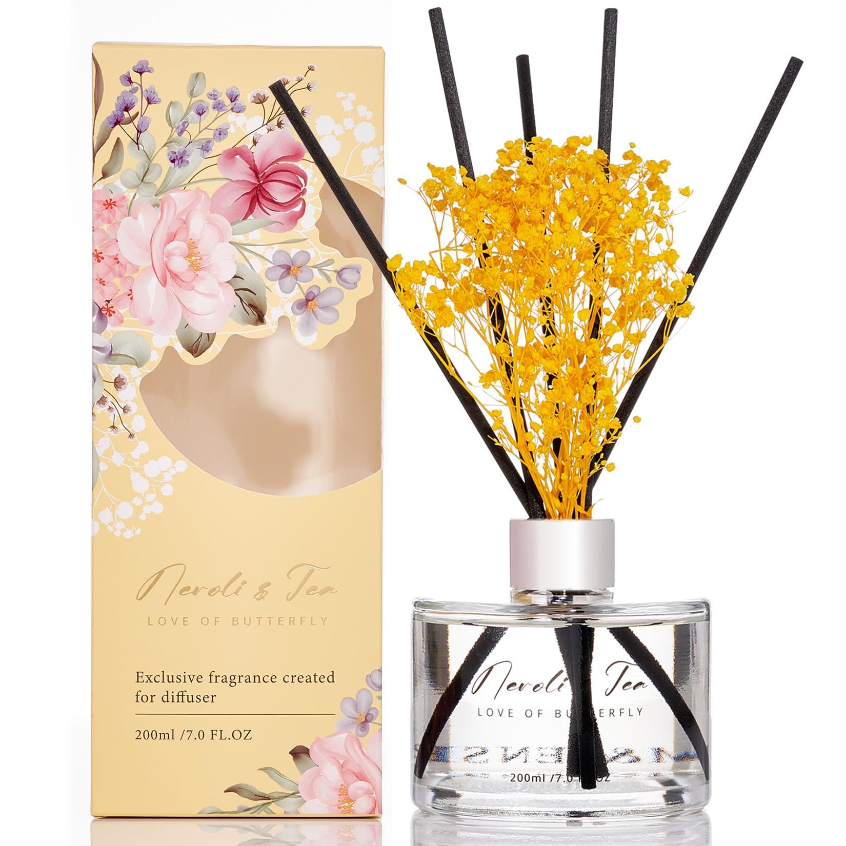 M&SENSE Reed Diffuser Set with 7 Sticks | 7.0oz Fresh Neroli & Tea Scent, Home Flame Free Fragrance Diffuser for Bathroom Office Hotel Shelf, Long Lasting Floral Diffuser with Baby's Breath Flower