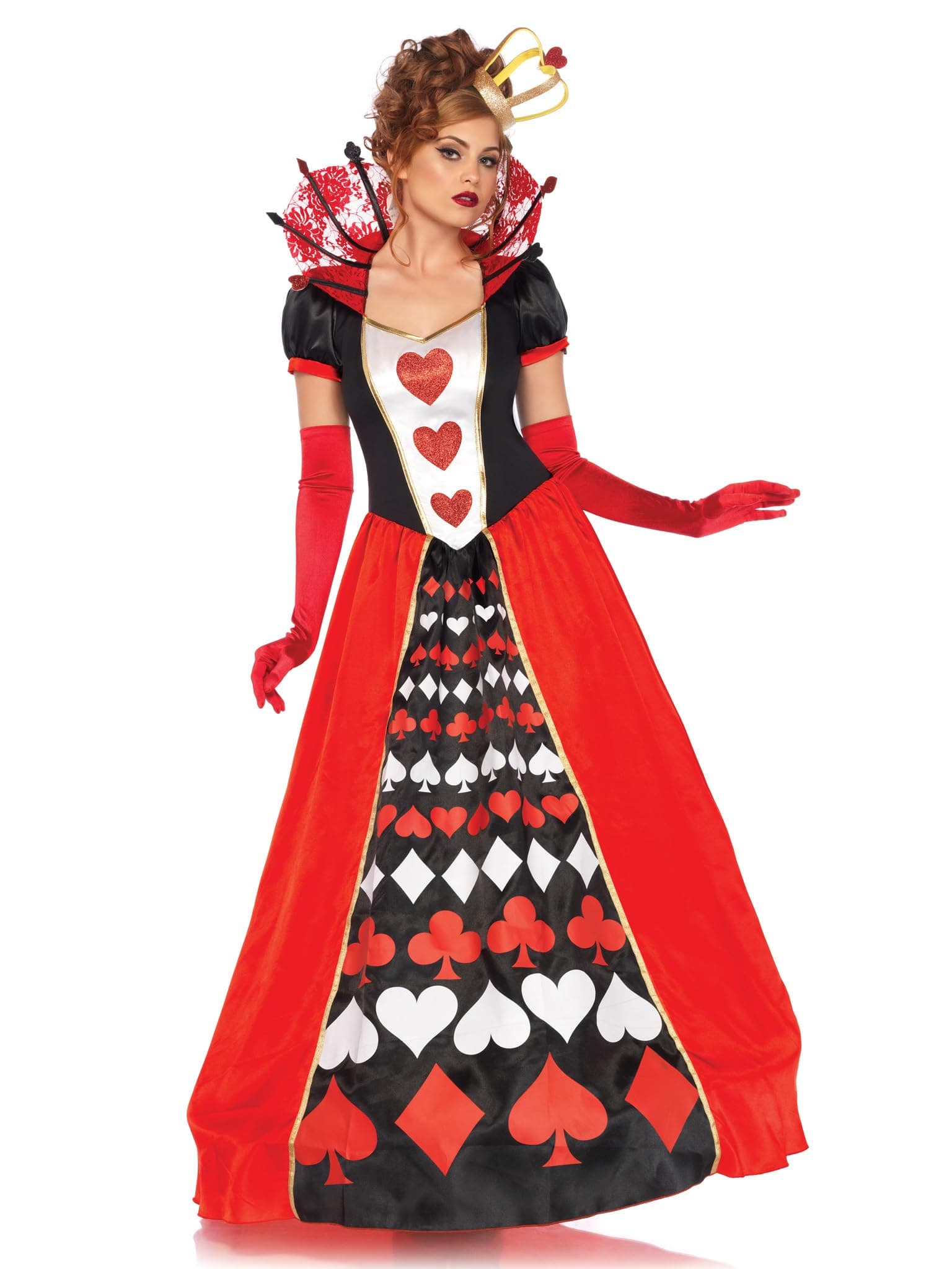 Womens 2 Pc Deluxe Queen of Hearts With Card Suit Ball Gown, Crown Adult Sized Costumes