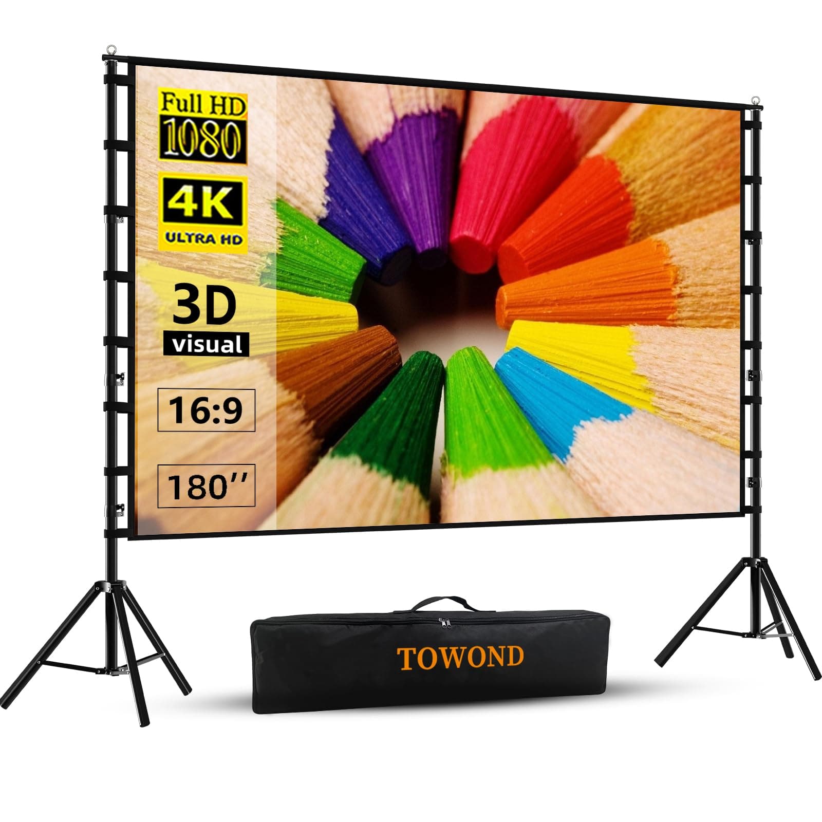 Projector Screen and Stand, 180 inch Outdoor Projector Screen 15 FT Large Projection Screen, Portable 16:9 4K HD Rear Front Movie Screen with Carry Bag Wrinkle-Free Design for Backyard Theater