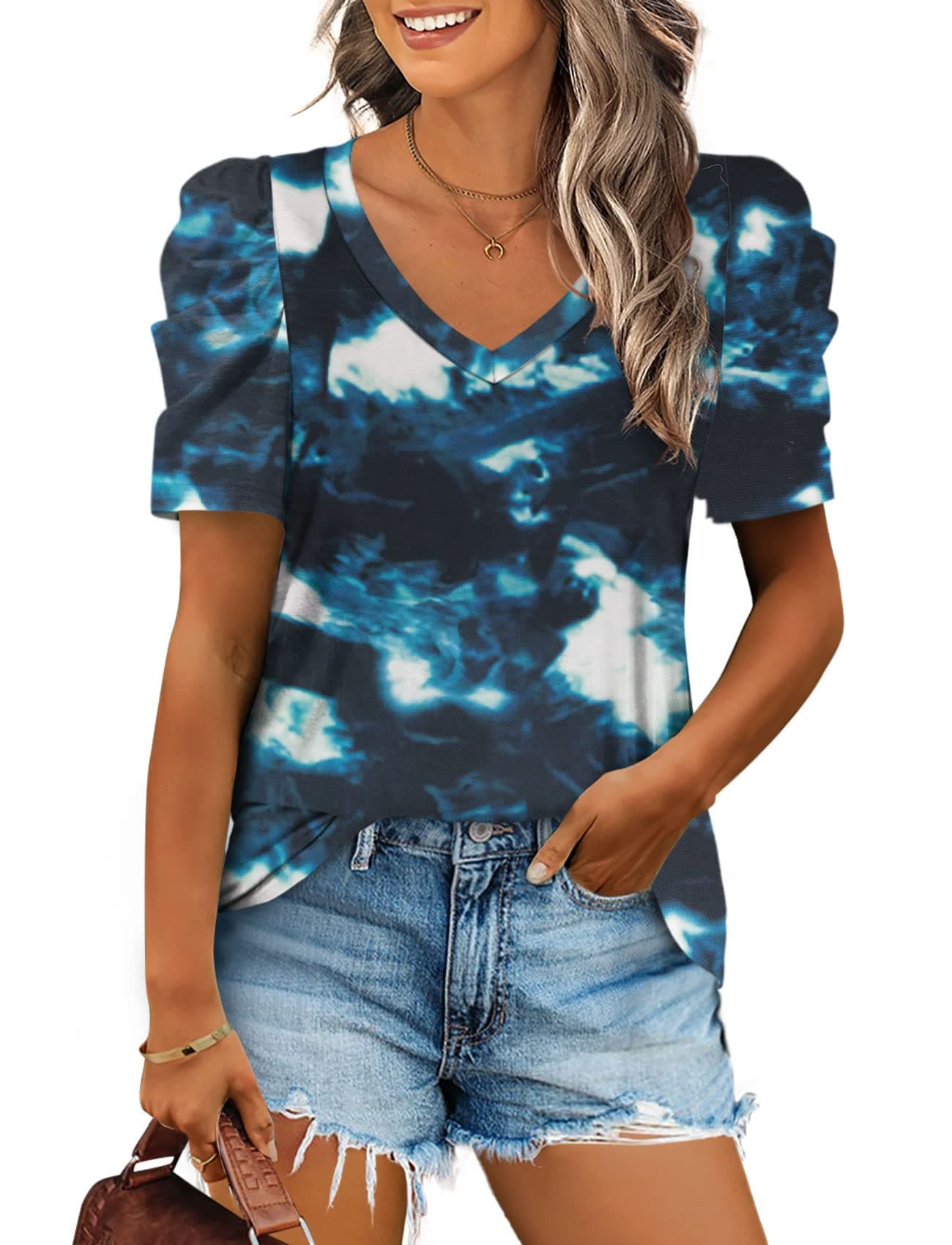 Alaroo Womens Summer Tops V Neck T Shirts Casual Puff Short Sleeve Shirts Curved Hem