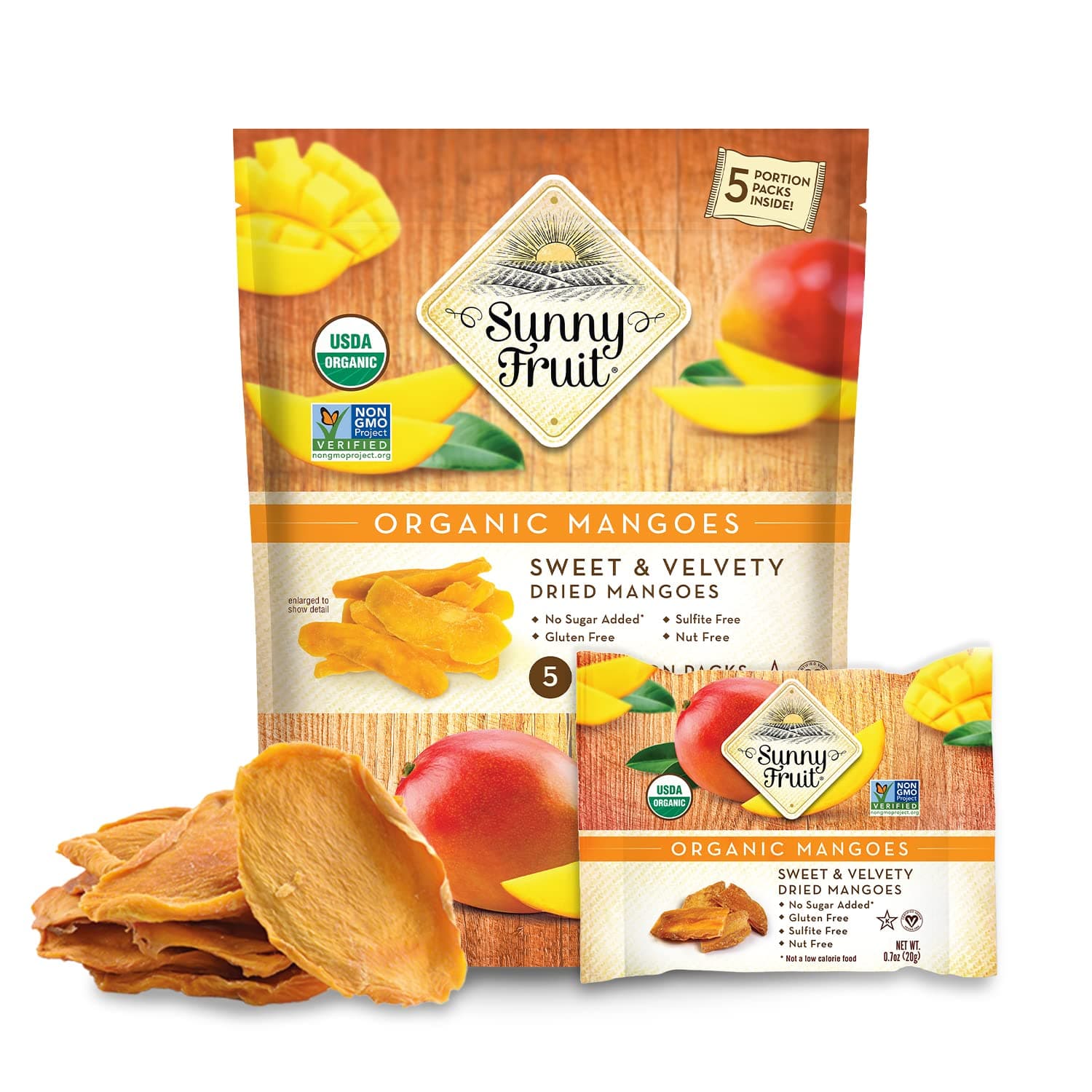 Sunny Fruit Soft Organic Dried Mangoes - 1 Bag (5 Individual Portion Packs) | No Preservatives, Sulfides or Sugar Added | Healthy, Dried Fruit Convenient Snack Packs | NON-GMO, VEGAN, HALAL, KOSHER