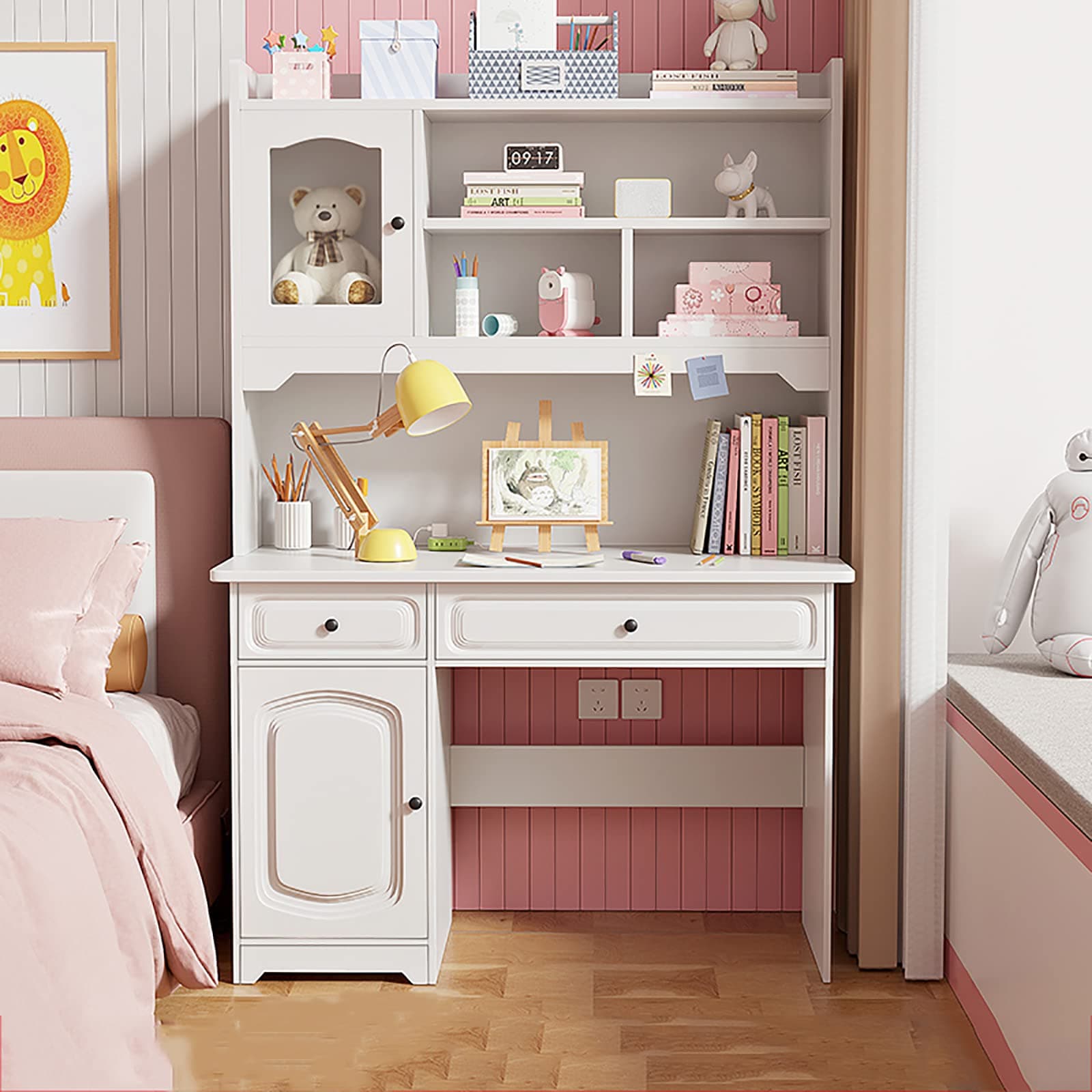 Study Desk with Hutch and Bookshelf,Wooden Computer Desk Home Office Desk Teenager Desk with Shelves and Drawers,Cute Writing Study Desk Bookshelf Combo for Girl Boy(31.5inch, White)