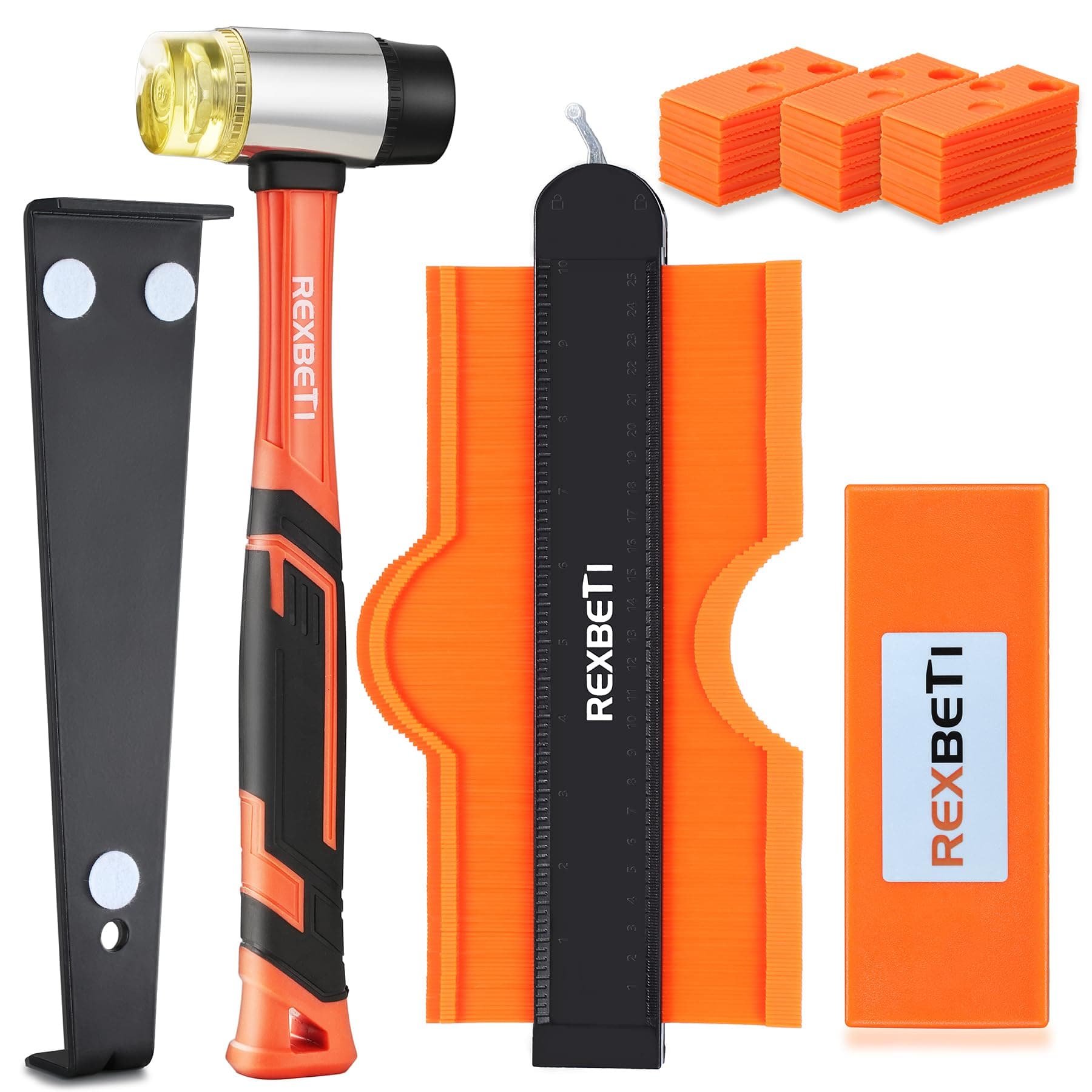 REXBETI 44-Piece Upgraded Laminate Wood Flooring Installation Kit with Solid Tapping Block, Long and Wider Pull Bar, Diameter 1 9/16" Reinforced Double-Faced Mallet, 10" Contour Gauge and 40 Spacers