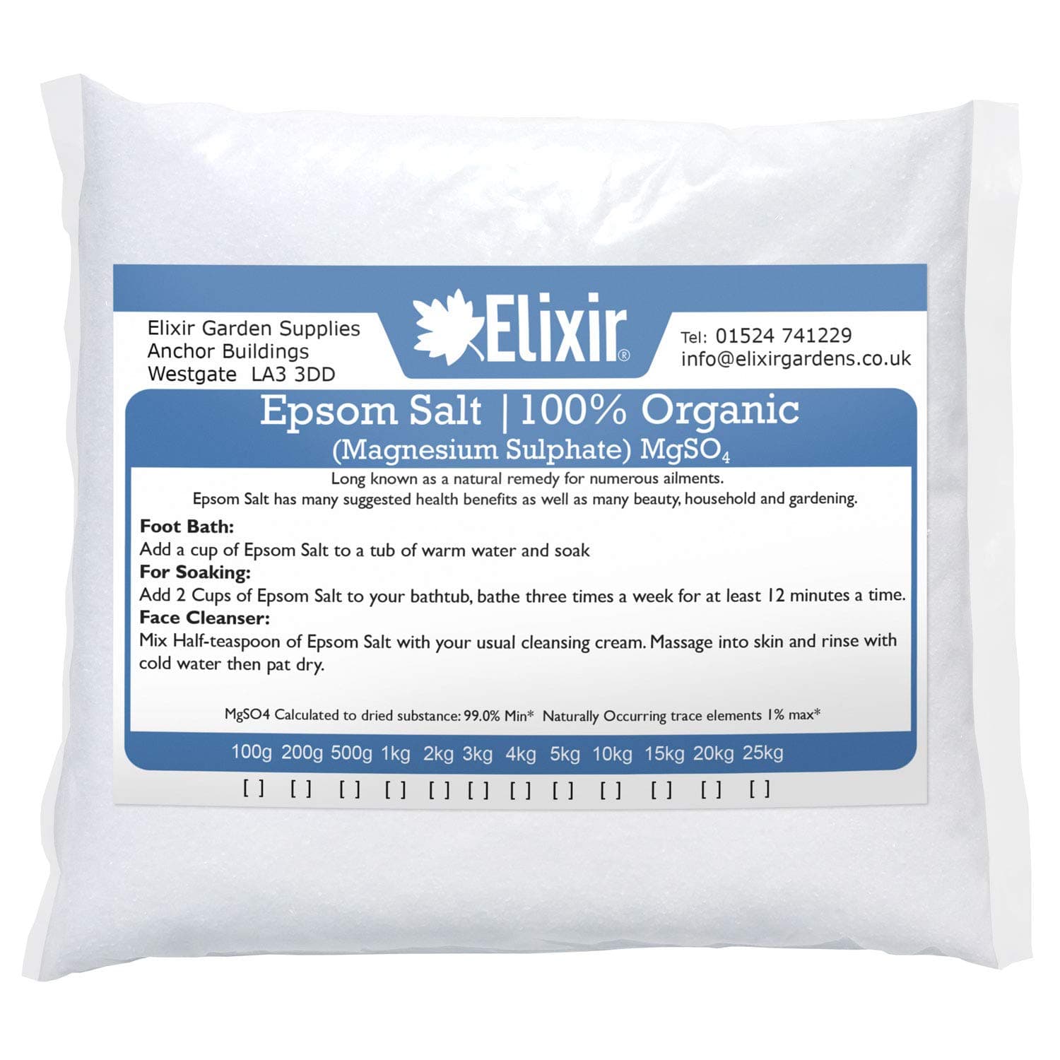 Elixir GardensNatural Medical Organic FCC Food Grade Epsom Salts - Great for Baths! | Available in Qty from 500g to 25kg | (15kg)