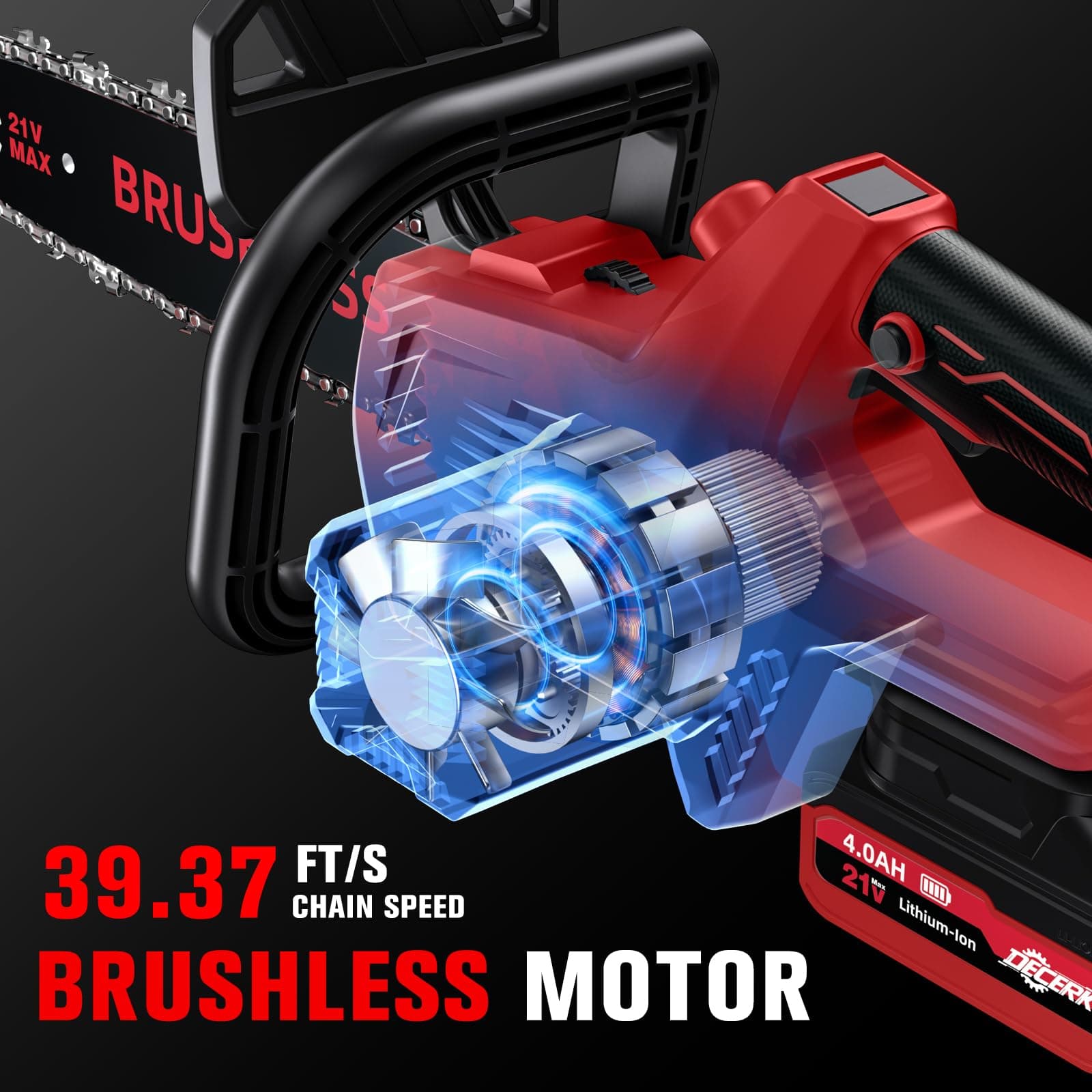Decerk Chainsaw Cordless, 12 Inch Electric Chain Saw with 21V Battery Powered, Handheld Brushless Chainsaws with Tool-free Chain Tension & Auto Lubrication for Tree, Wood Cutting, Courtyard, Household