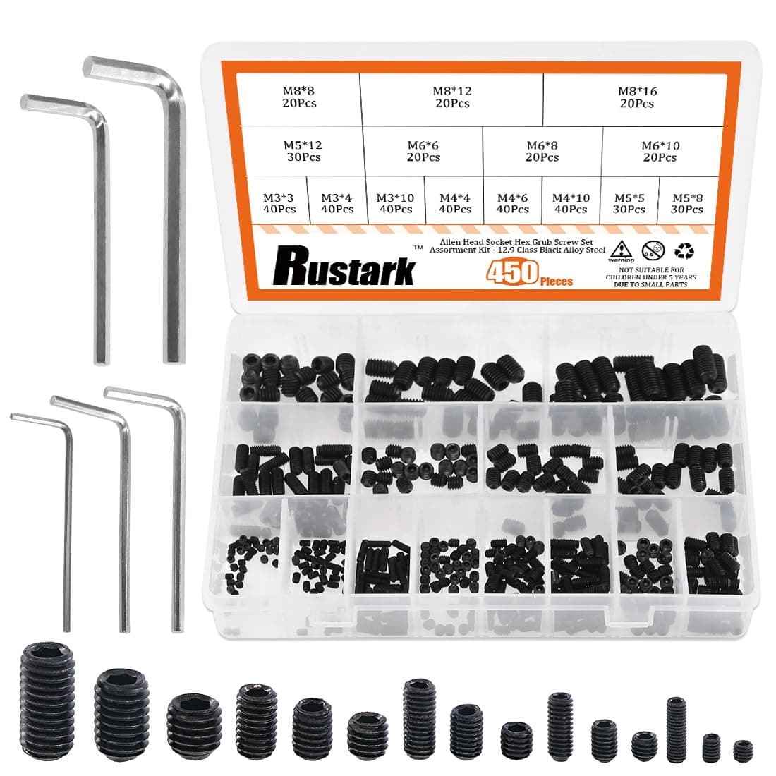 450Pcs M3/M4/M5/M6/M8 Allen Head Socket Hex Grub Screw Set Assortment Kit with Internal Hex Drive - 12.9 Class Black Alloy Steel