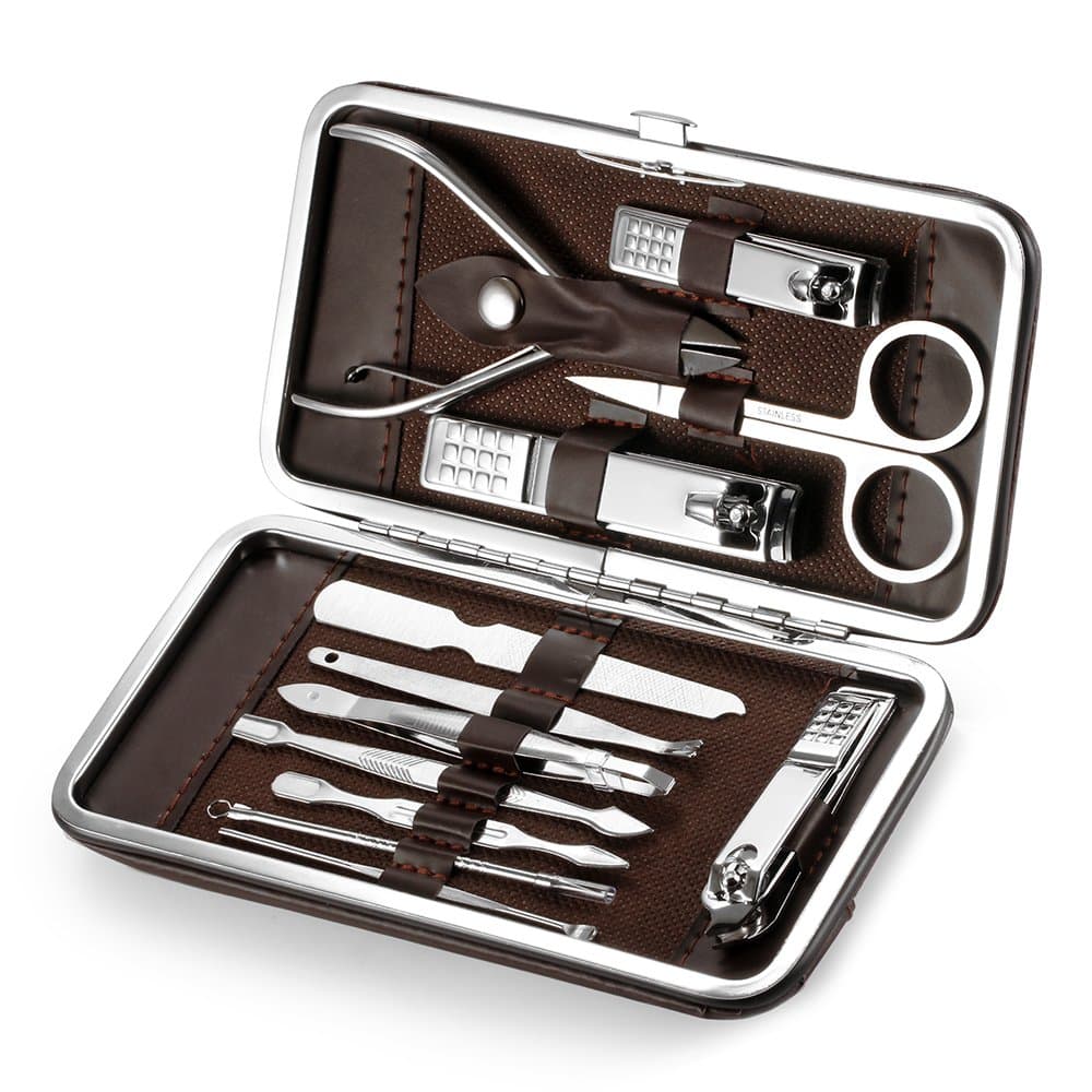 Nail Clipper Set, 12 in 1 Stainless Steel Professional Nail Cutter Manicure Pedicure, Grooming Kits with Leather box (Brown)