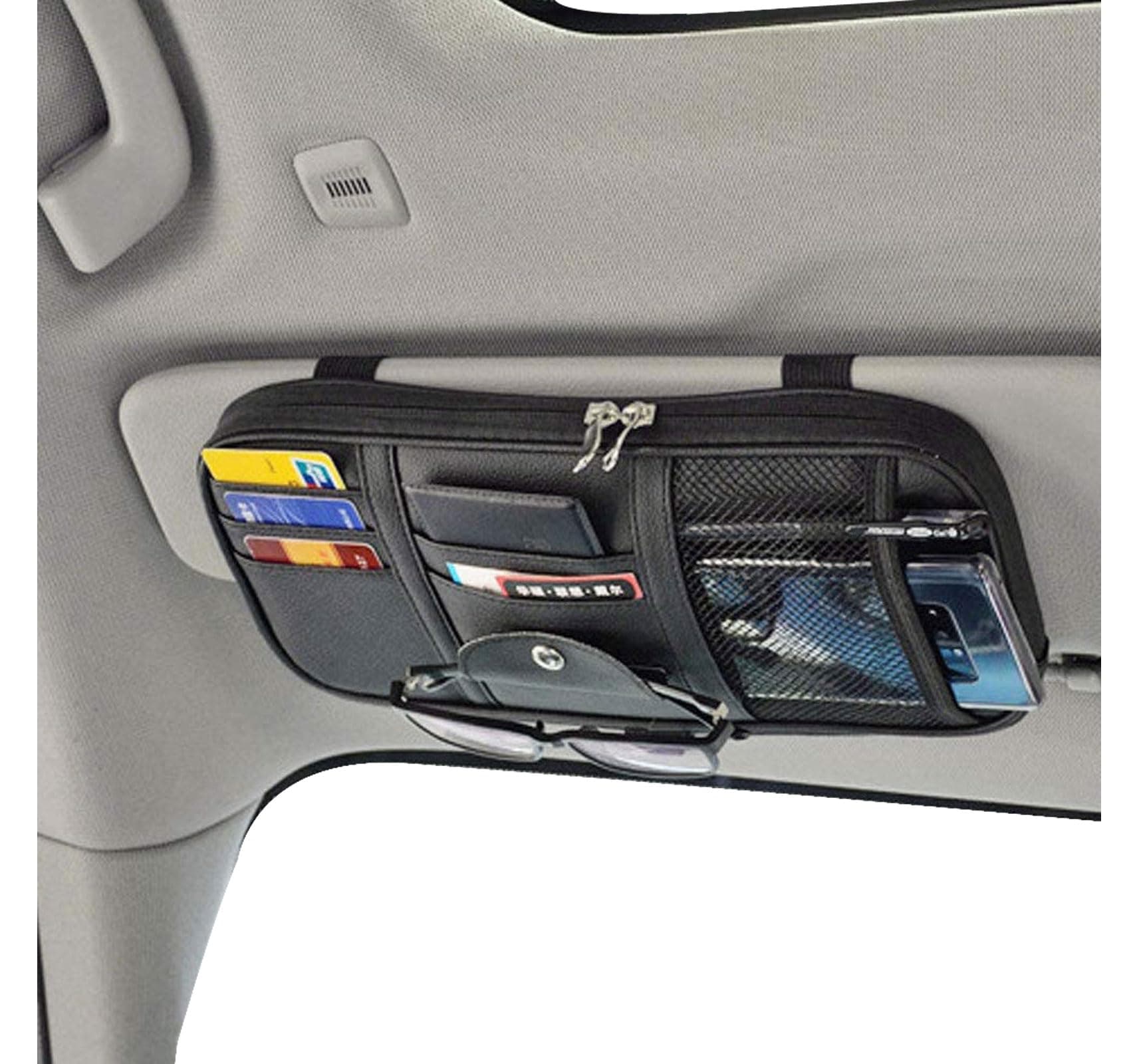 Da by Car Sun Visor Organizer, Multi-Pocket Visor Organizer Storage Pouch for Cars, SUVs & Trucks with Double Zippers, Elastic Bands & Glasses Clip - Organizes Essentials Keep Tidy (Black)