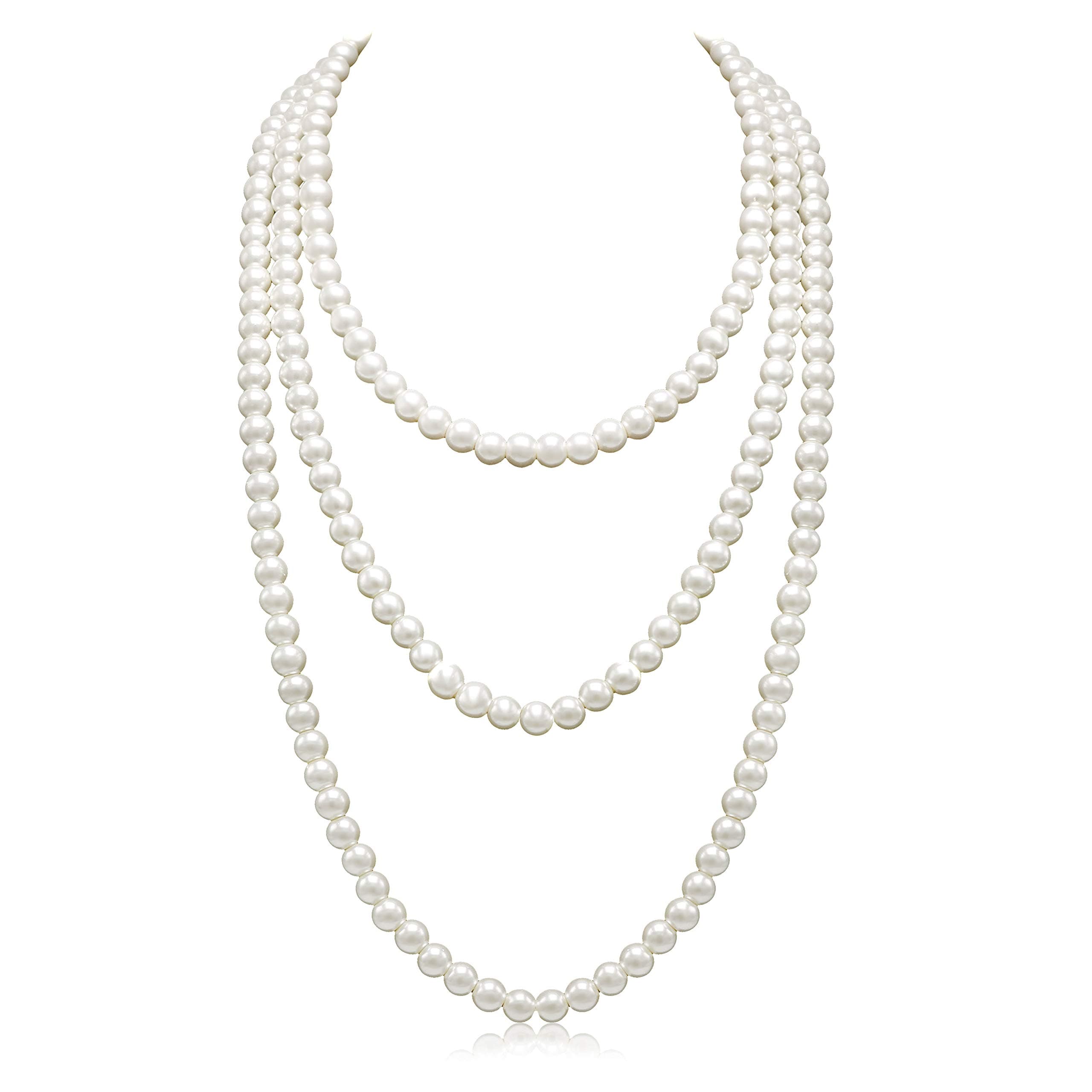 Long Pearl Necklaces for Women Cream White Faux Pearl Strand Layered Necklace Costume Jewelry