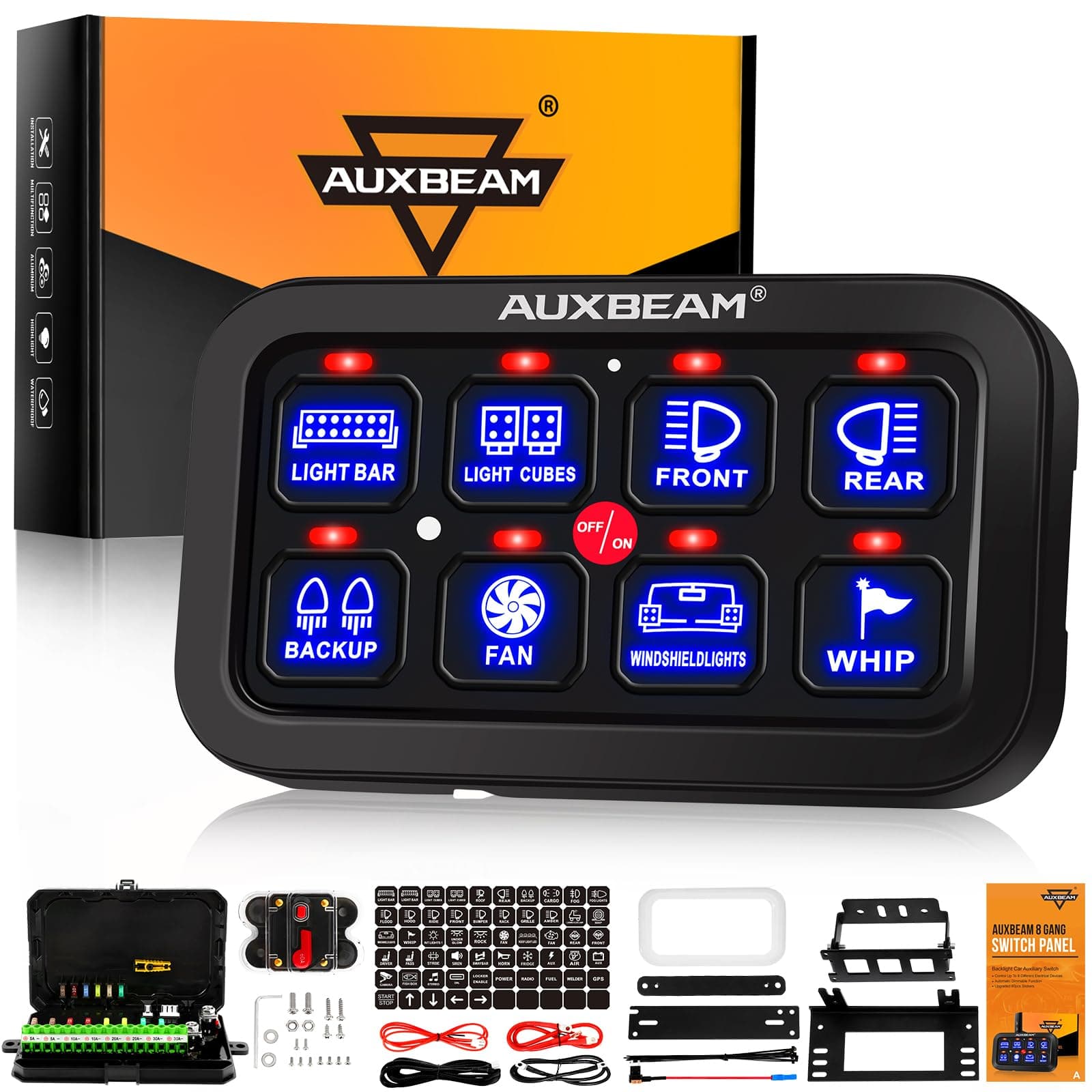 Auxbeam 8 Gang Switch Panel BA80, Universal Circuit Control Relay System Box with Automatic Dimmable On-Off LED Switch Pod Touch Switch Box for Car Pickup Truck Boat UTV ATV, Blue 2 Years Warranty