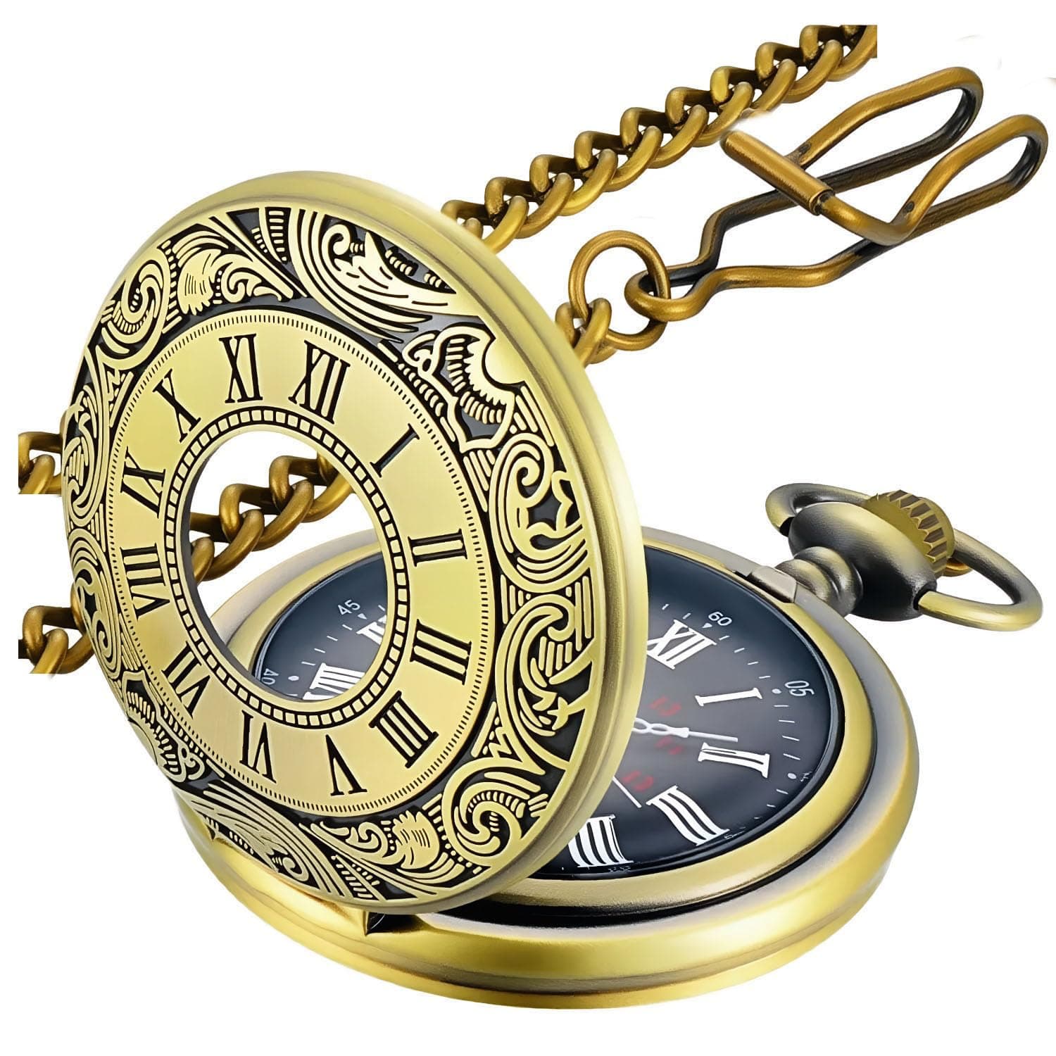 LYMFHCH Vintage Pocket Watch Roman Numerals Scale Quartz Pocket Watches with Chain Christmas Graduation Birthday Gifts Fathers Day