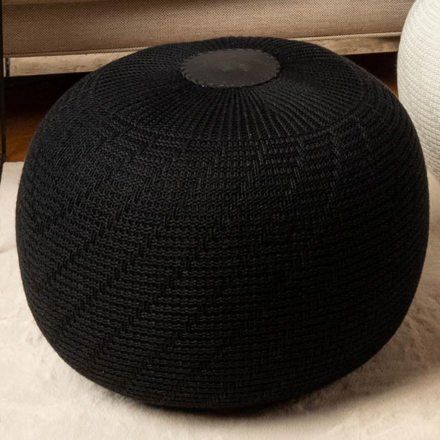 Large Ottoman Foot Stool, Knitted Foot Rest, Round Pouf Chair, Modern Living Room Furniture Bean Bag, Room Decor, Bedroom Footstool, Boho Pouffe, Home Decor Poof, 20" W x 15" H, Black