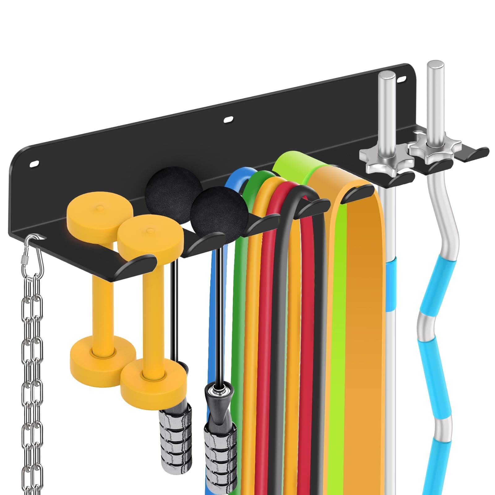 FizLig Gym Equipment Storage Rack - Multi-Purpose Home Gym Organization Storage Wall Mount for Resistance Bands, Jump Ropes, Lifting Belt, Chains, Barbells (16" / 8 Prongs)