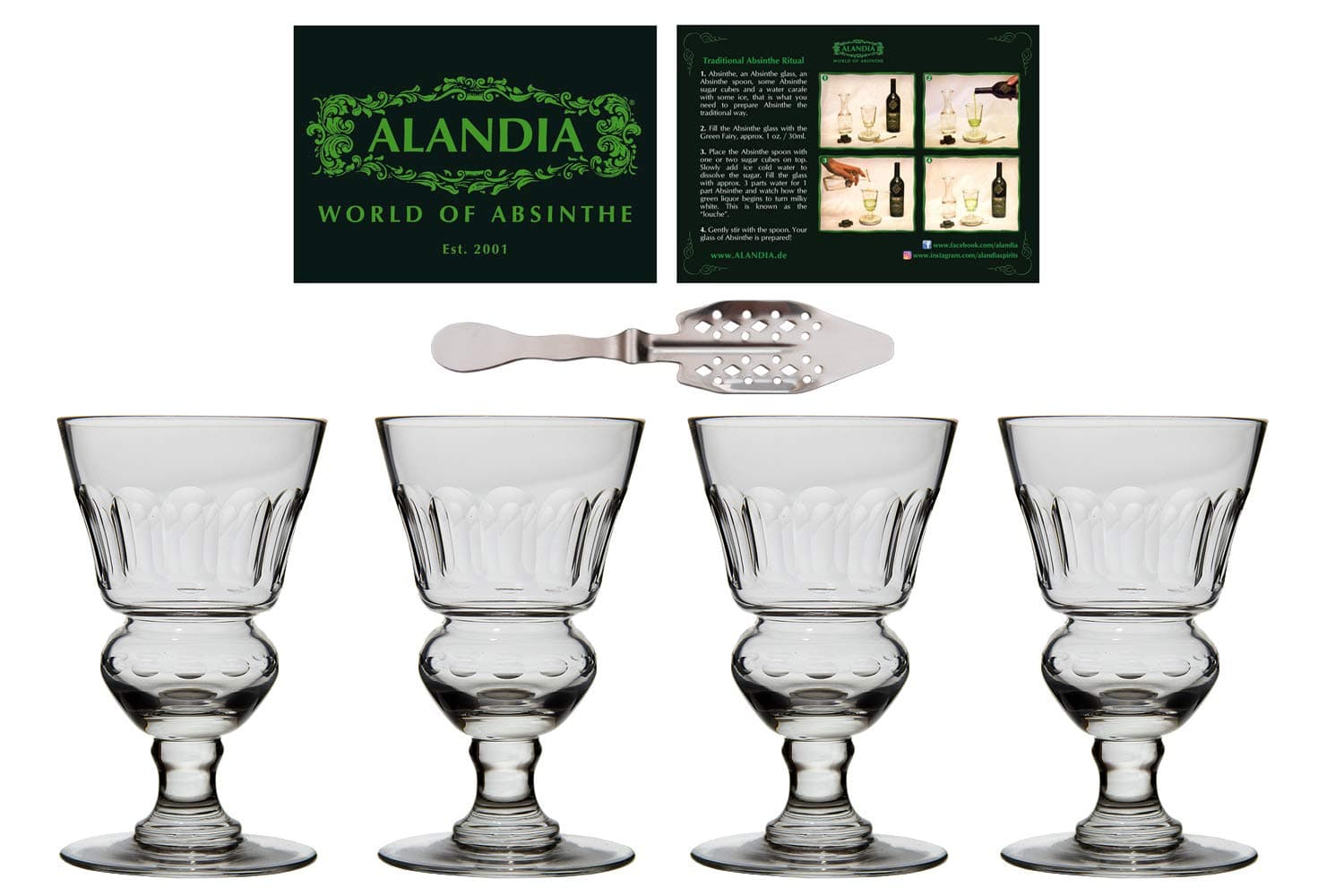 Absinthe Glasses Set of 4 with Reservoir | Authentic reproduction of the 19th century original | 1x traditional Absinthe-Spoon