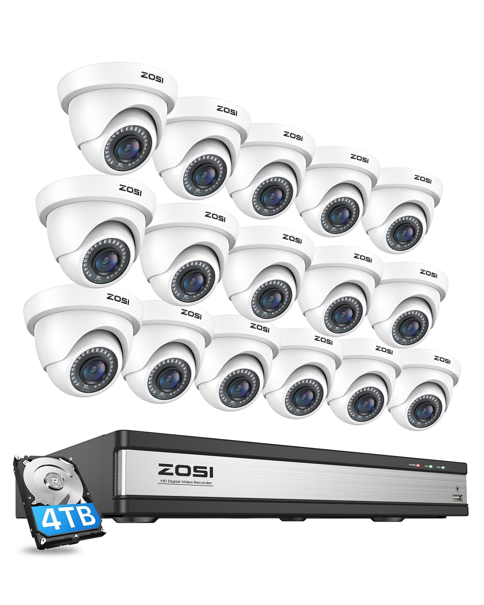 ZOSI H.265+1080p 16 Channel Security Camera System,16 Channel DVR with Hard Drive 4TB and 16 x Outdoor Indoor CCTV Dome Cameras 1080p with 80ft Long Night Vision and 90° Wide Angle