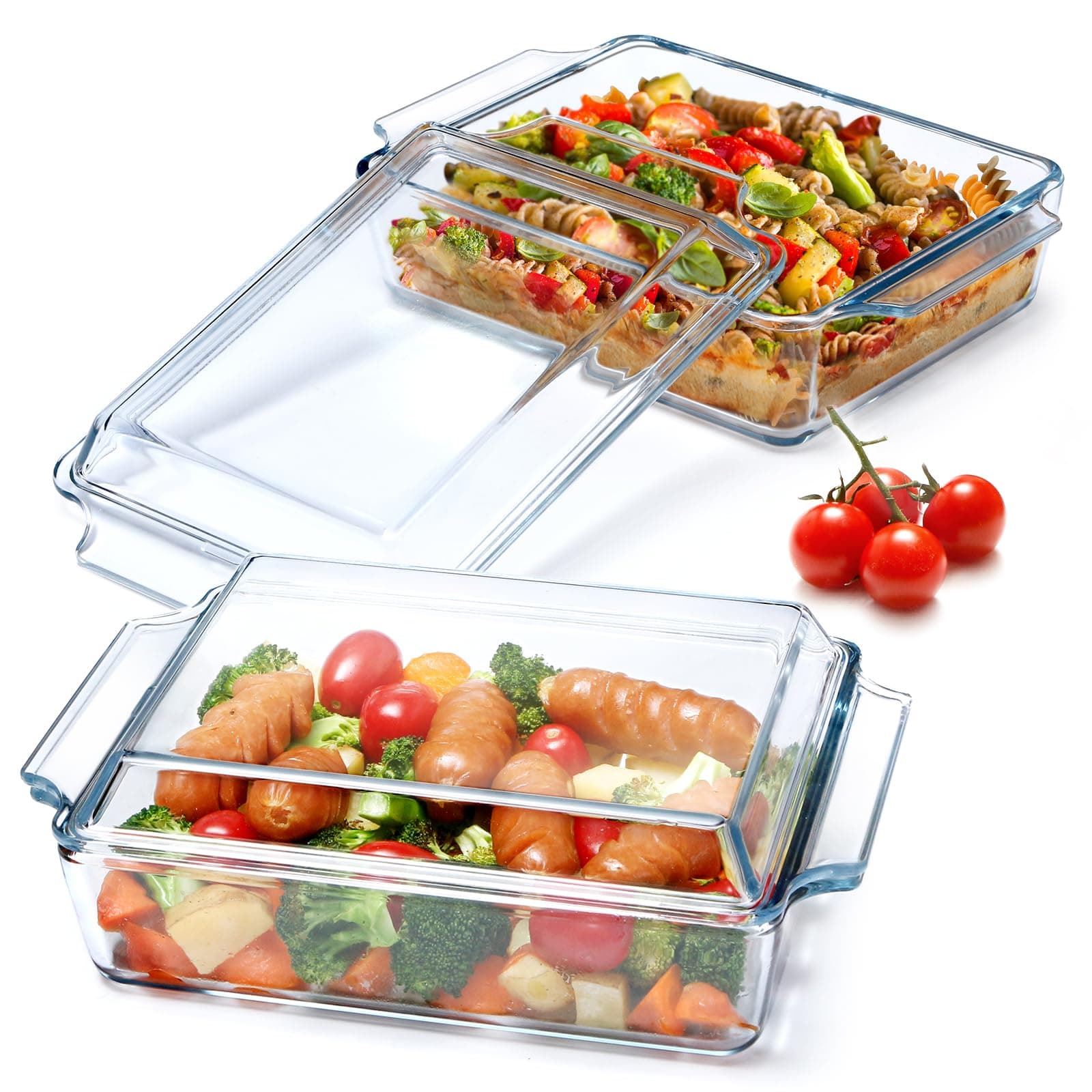 NUTRIUPS Set of 2 (1.5 L + 2 L) Rectangular Glass Casserole Dish With Lid, Oven Safe