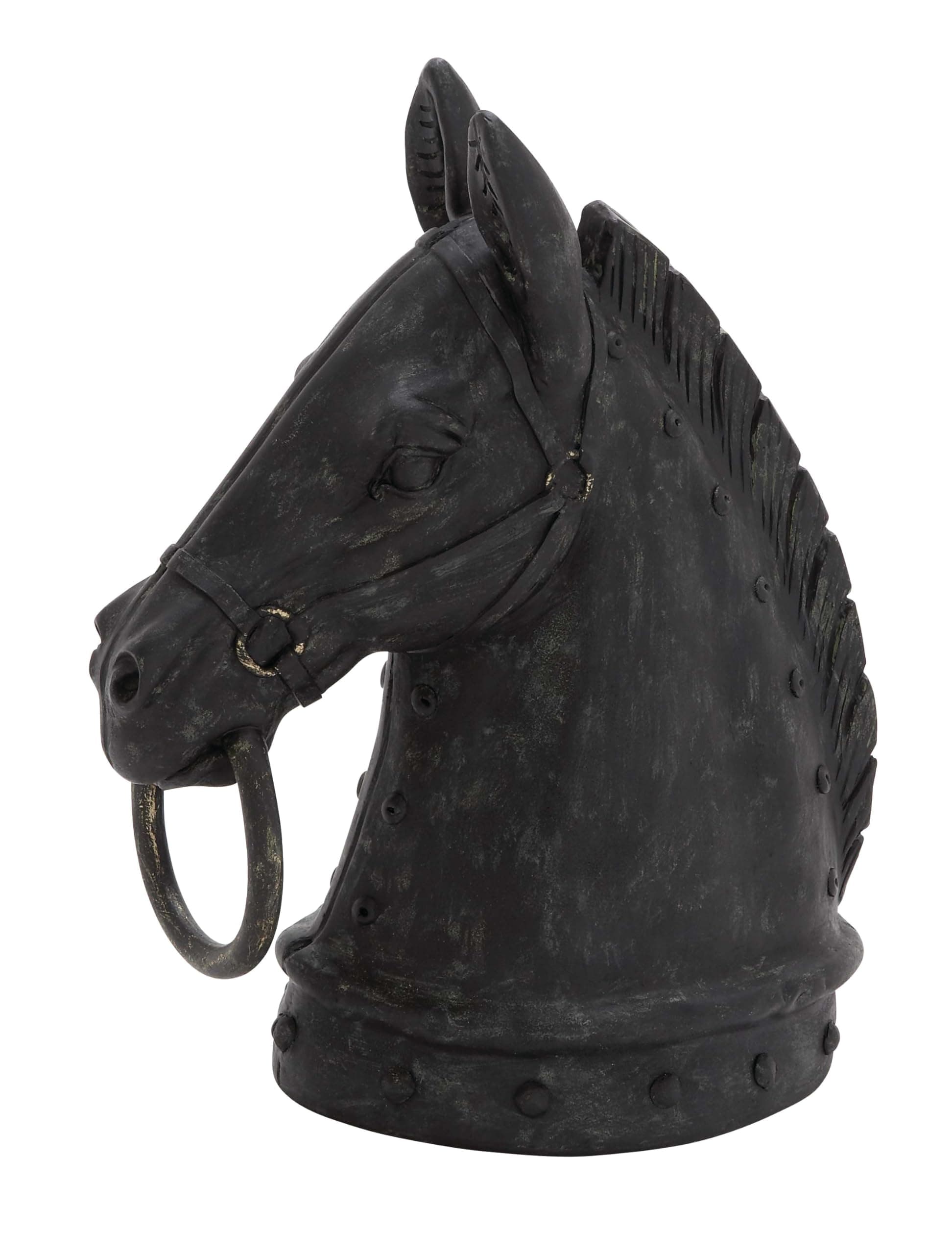 Polystone Horse Decorative Sculpture Antique Style Head Home Decor Statue with Hitching Post and Gold Accents, Accent Figurine 9" x 6" x 12", Black