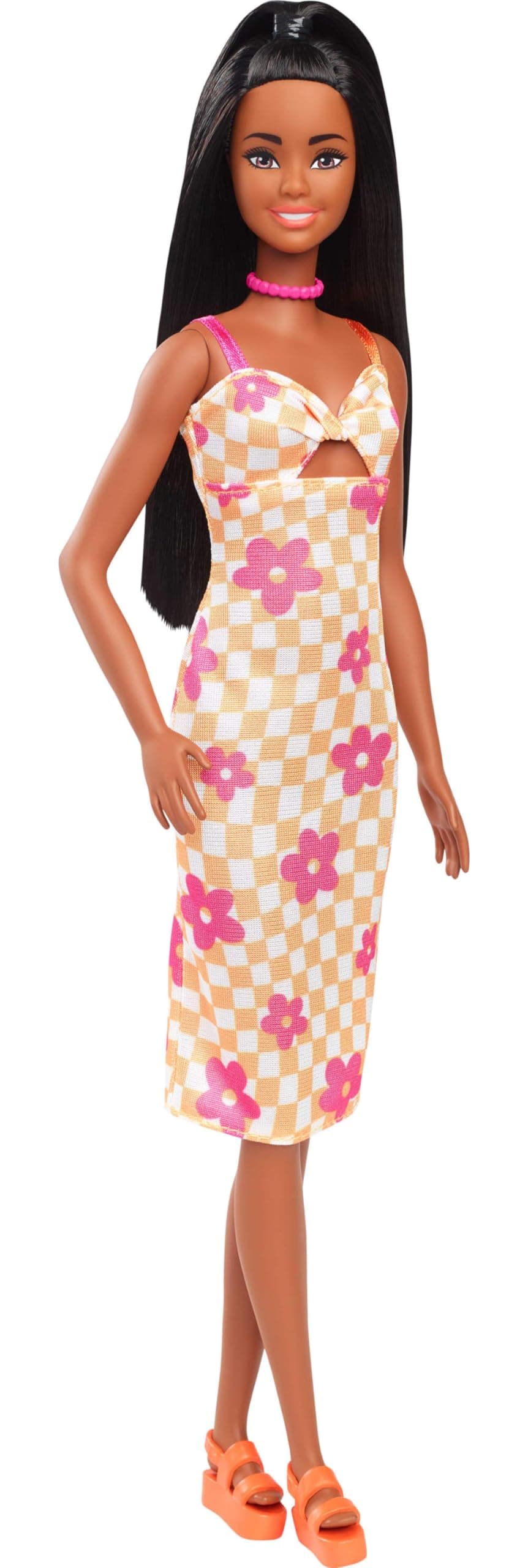 Barbie Fashionistas Doll #233 Black Hair Orange Midi Check Dress with Pink Flowers Necklace and Sandals HYT91