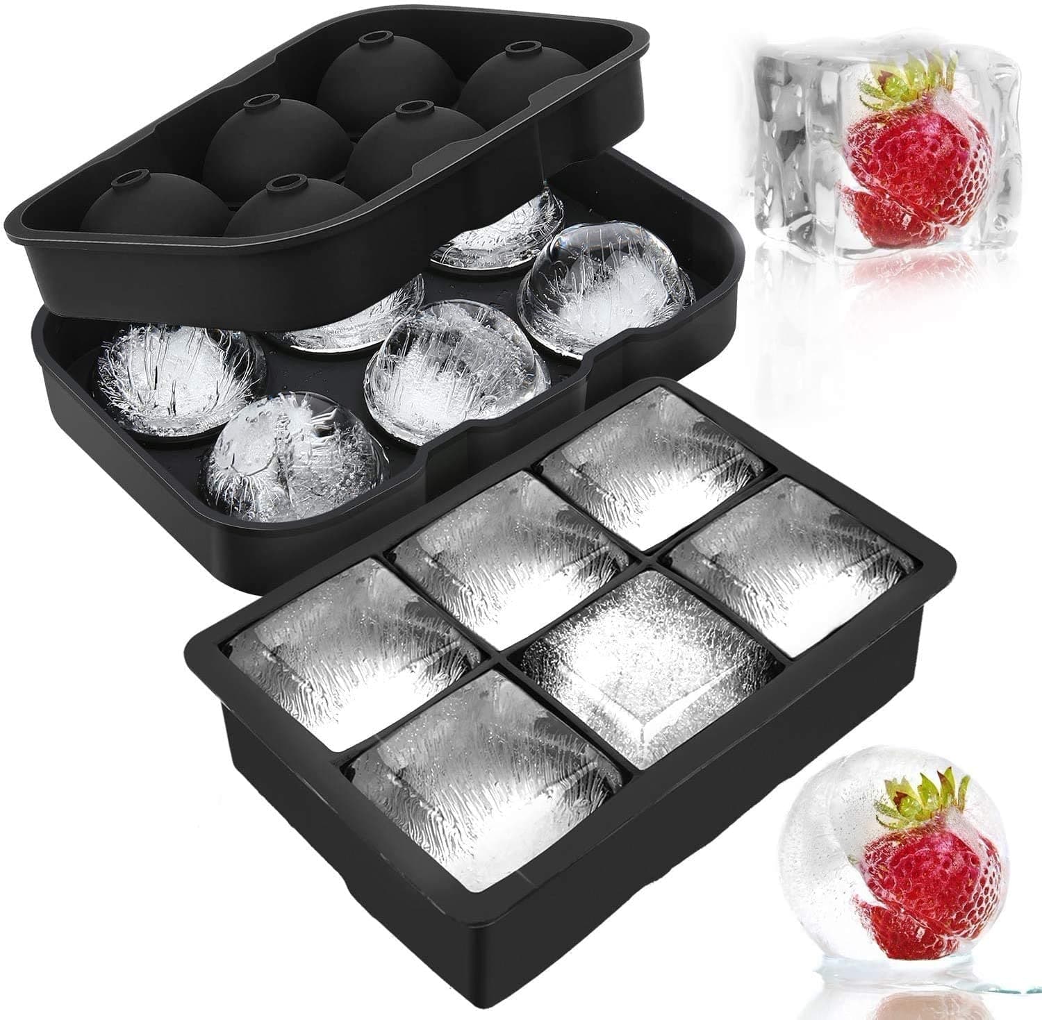 Anshri Silicone Ice Cube Ball Maker, Silicone 6 Giant Ice Ball Cube Tray Silicone Sphere Mold Bar Whiskey Cocktails(Black) (Round + Square 6 Grid Ice Cube Tray)
