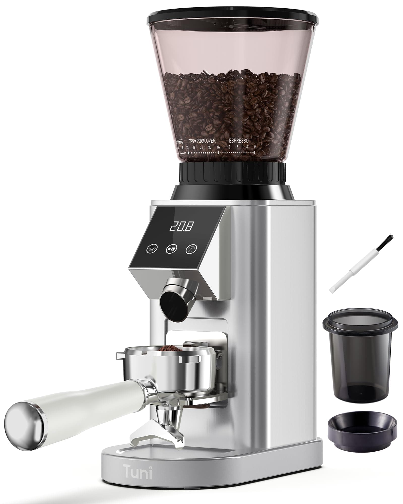 Tuni G1 Conical Burr Coffee Grinder, 48 Grind Settings Anti-static Burr Mill, Precision Electronic Timer and LED Touchscreen for Espresso/Drip/Cold Brew/French Press, Stainless Steel, Silver
