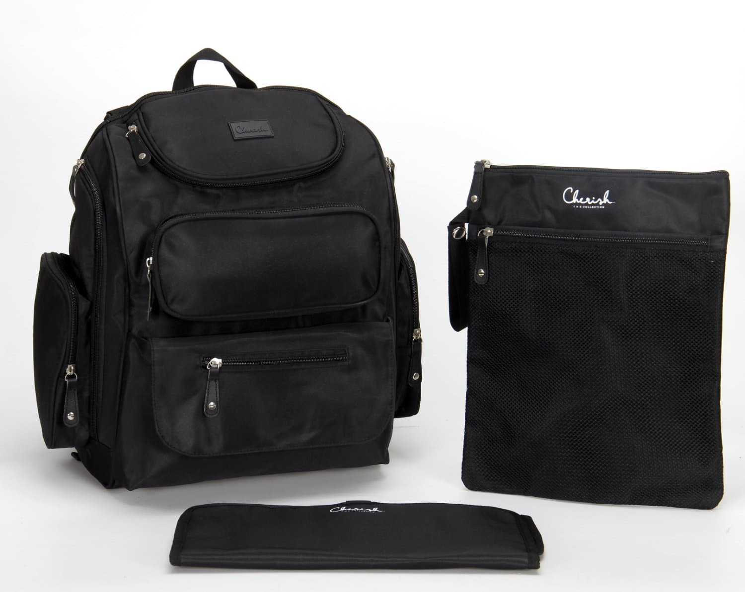 Baby Diaper Bag Backpack. Multi-Pocket, Wipeable, Unisex, Black Rucksack made from Durable Microfiber. Incl. Wetbag, Stroller Straps and Padded Changing Mat by CherishBags