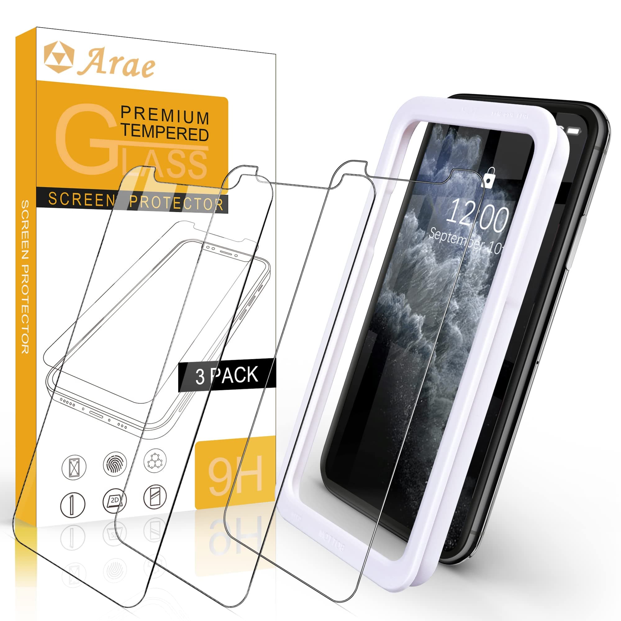 Arae Screen Protector for iPhone 11 Pro/Xs/X, HD Tempered Glass, Anti Scratch, Work with Most Cases, 5.8 inch, 3 Pack