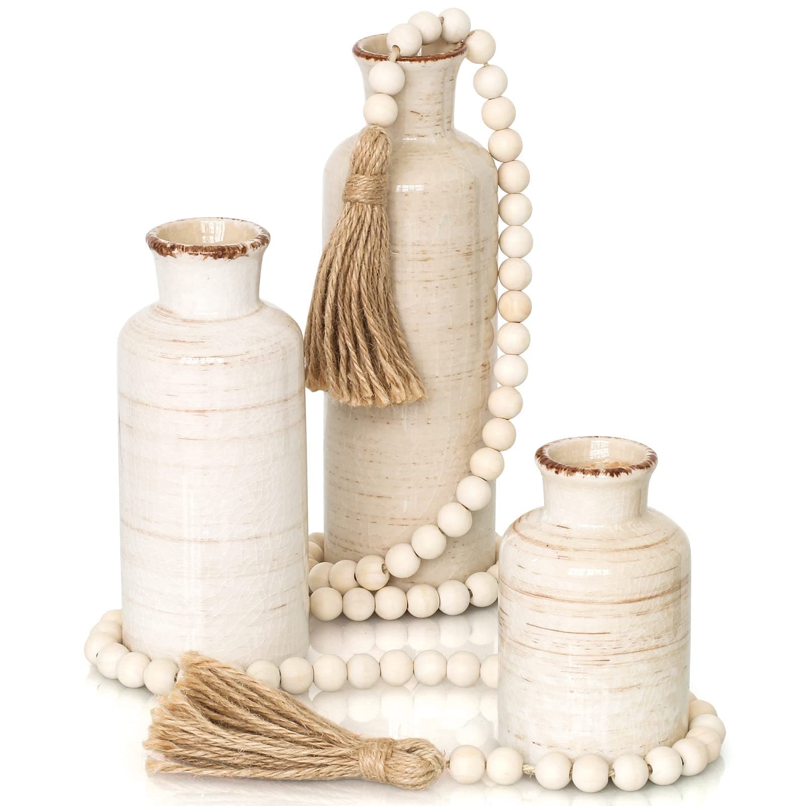 EDIMENS Ceramic Vase with Farmhouse Beads for Home Decor, Rustic Set of 3 Ceramic Vases 58in Wood Bead Garland with Tassels for Rustic Home Decor Accent, Modern Farmhouse Pottery Ceramic Vase Sets