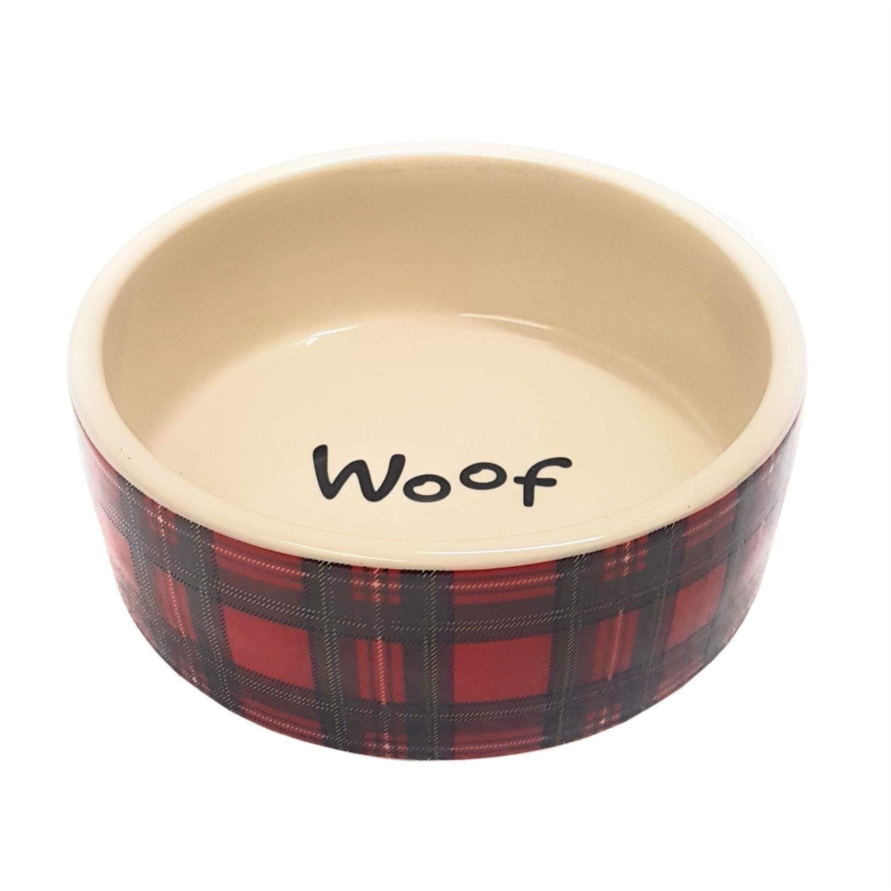 2 X LARGE RED CREAM TARTAN CHECK PORCELAIN CERAMIC DOG WATER FOOD BOWL