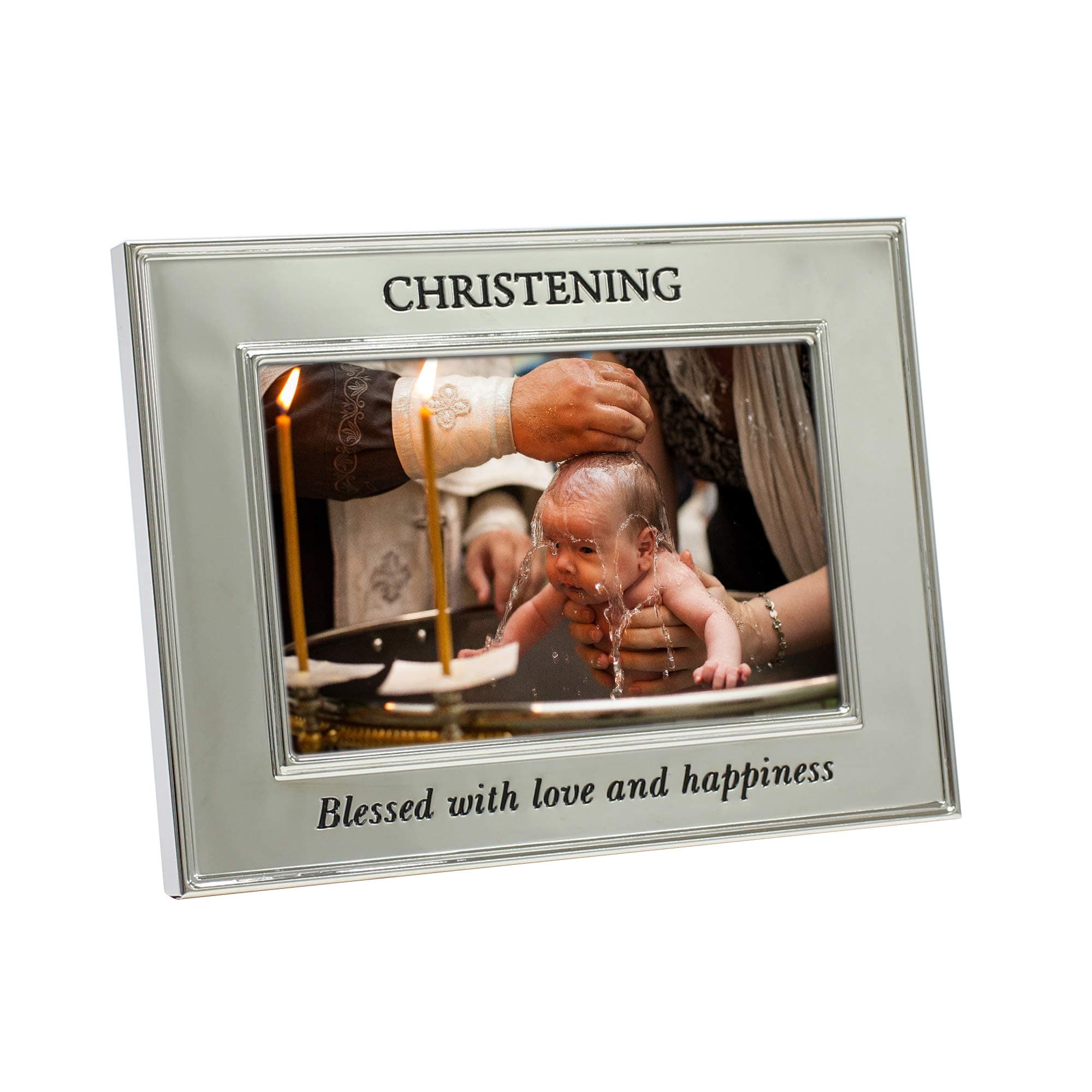 MIMOSA MOMENTS Metal Religious Picture Frame Christening Blessed with love and happiness (Silver-tone love, 6x4)
