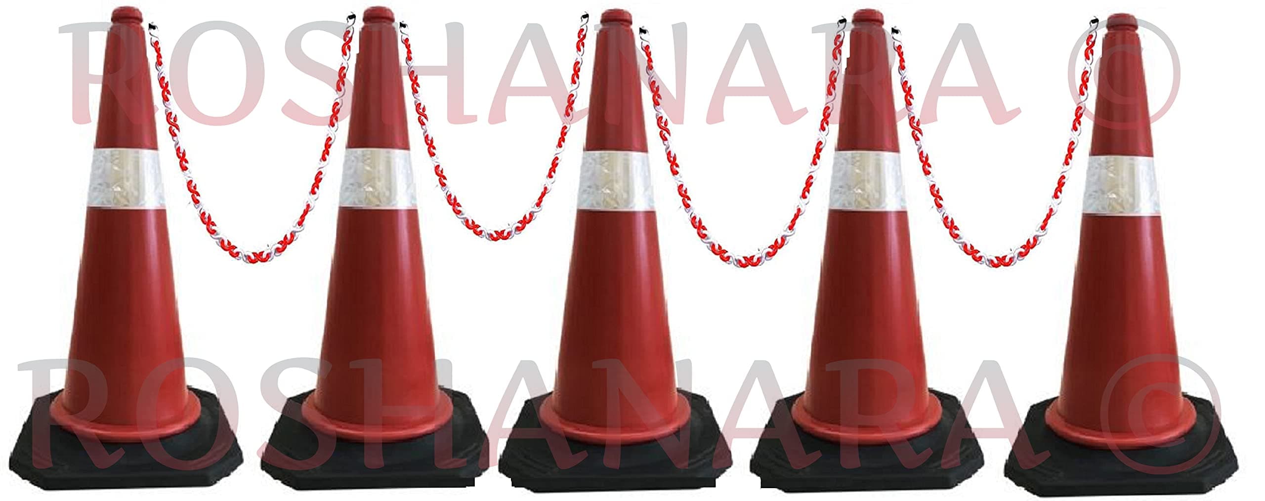 ROSHANARA™ Traffic Cones Safety Cone For Road Safety 5 PVC Safety Cones with 5 Meters Plastic Safety Chain and 5 Rubber Hooks Multipurpose PVC Safety Cones With Reflective Tape With Black Rubber Base