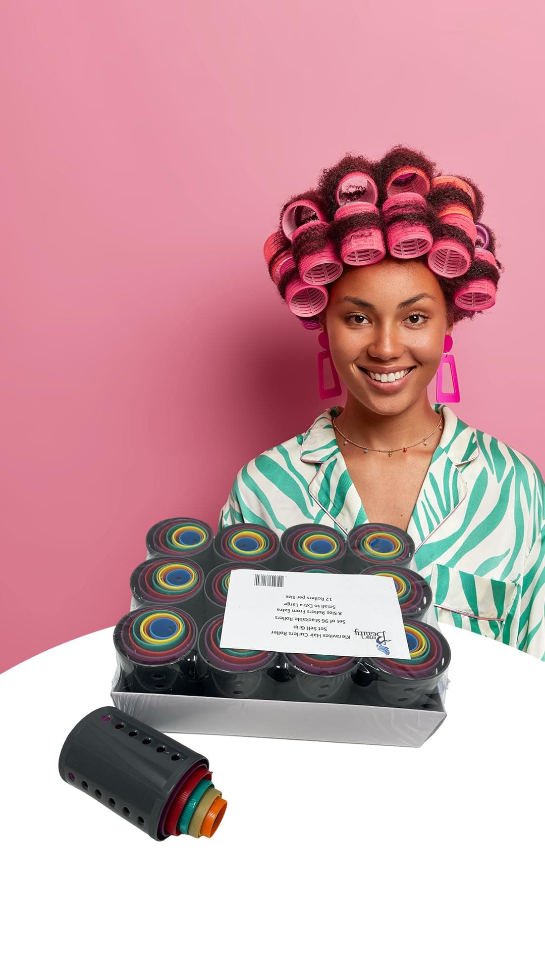 Self Grip Hair Curlers Roller Set / Stackable Rollers / 96 Count / 8 Sizes / Black & Pink / Plastic / Clip Form