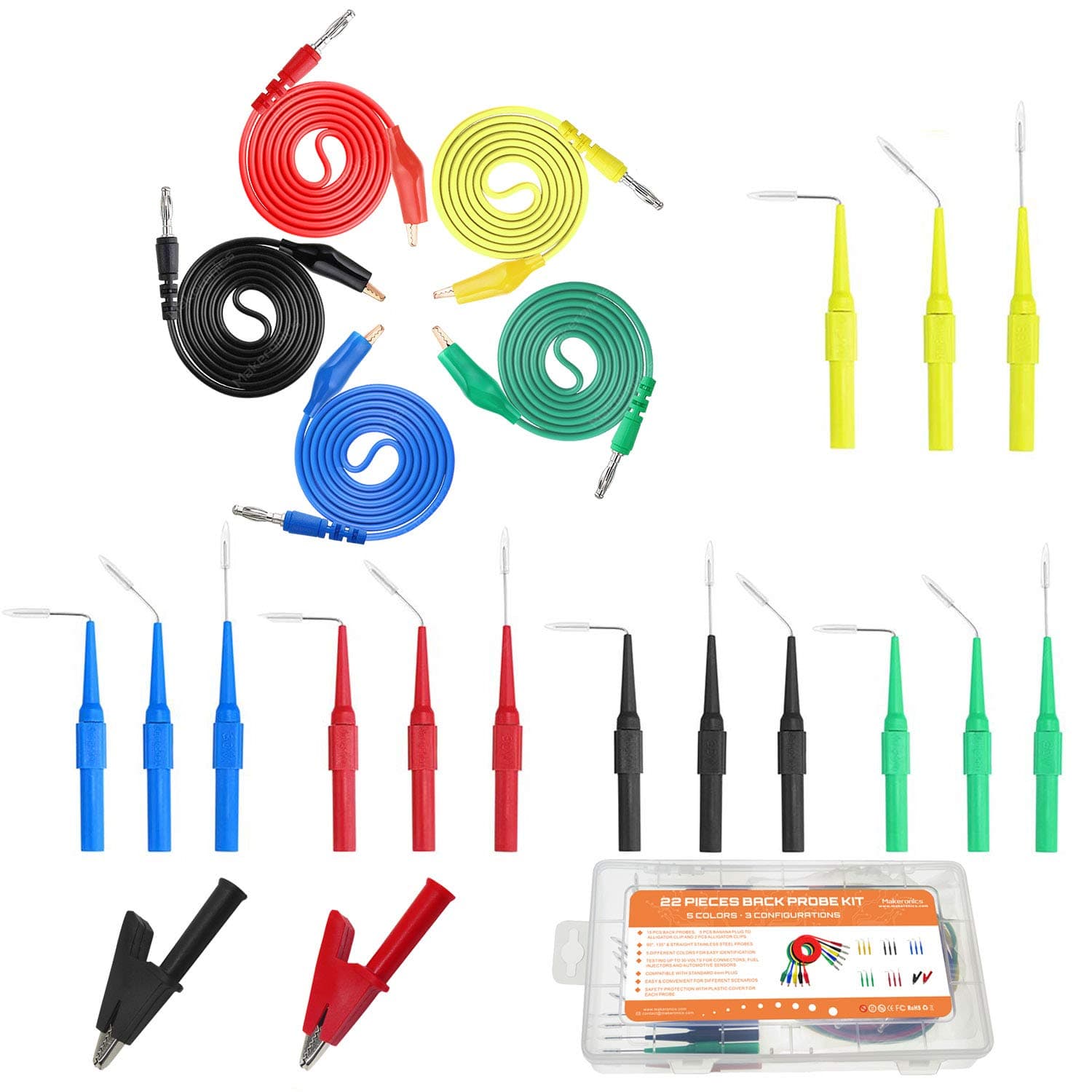 Makeronics 22PCS Back Probe Kit |15 Pcs 30V Back Probe Pin | 5 Pcs 4mm Banana Plug to Alligator Clip Circuit Test Wires (39.37 inch / 1m Length) | 2 PCS Alligator Clips